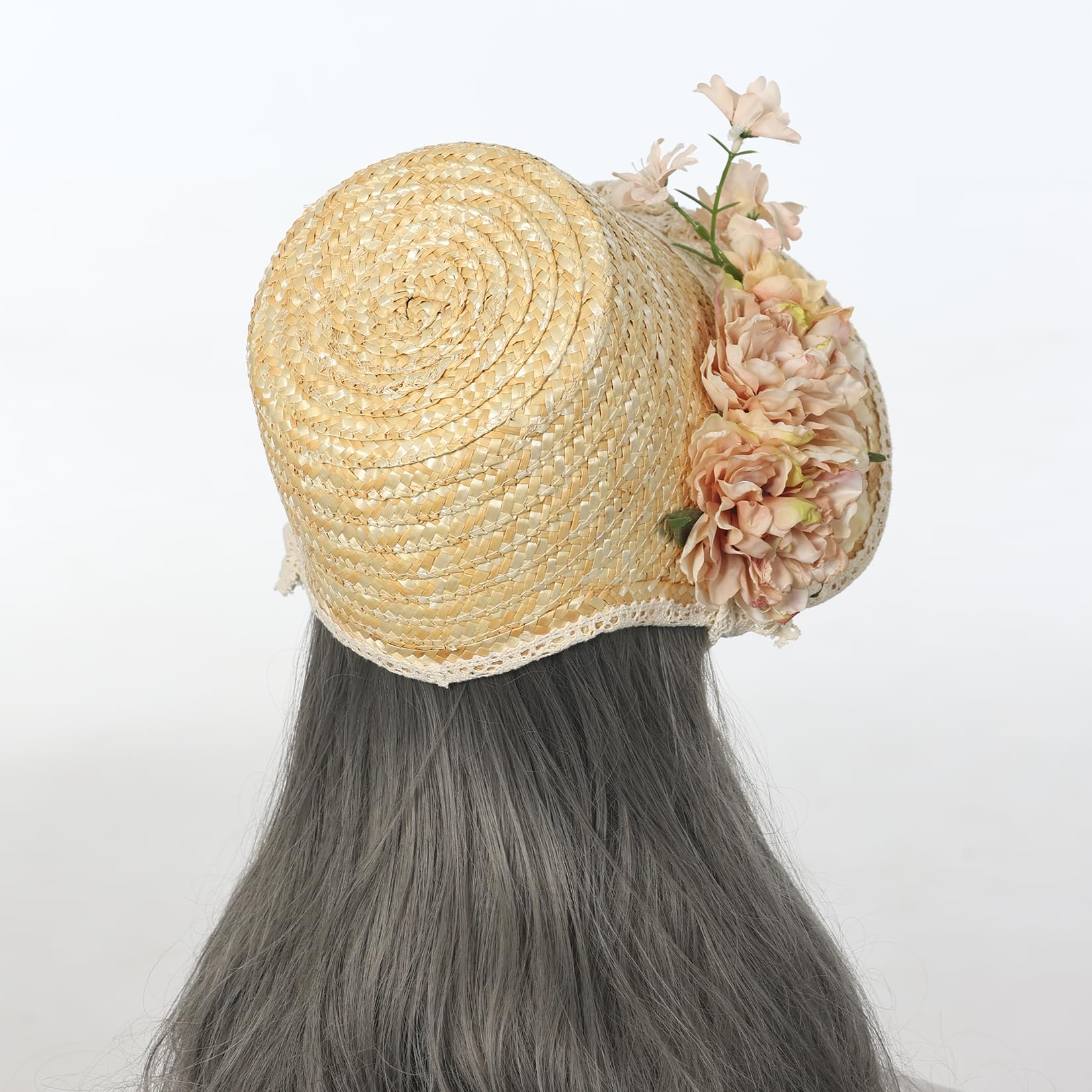 CAMDOM Sombrero Victoriano para Mujer, para Fiesta de té, con Lazos, Flores, Sombrero de Paja Plano, Color marrón