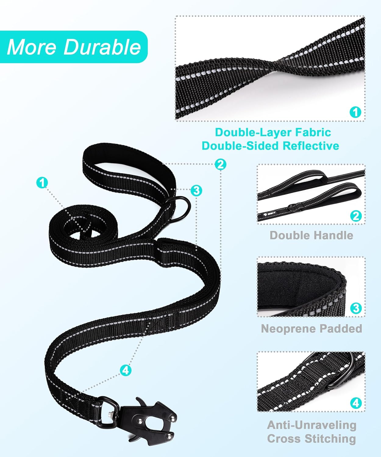 GEIT 4/5/6FT Heavy Duty Dog Leash with 2 Comfortable Padded Handles, Reflective Rope Leashes with Quick Release/Locking Tactical Frog Clip for Small Medium and Large Dogs, Black - Image 5