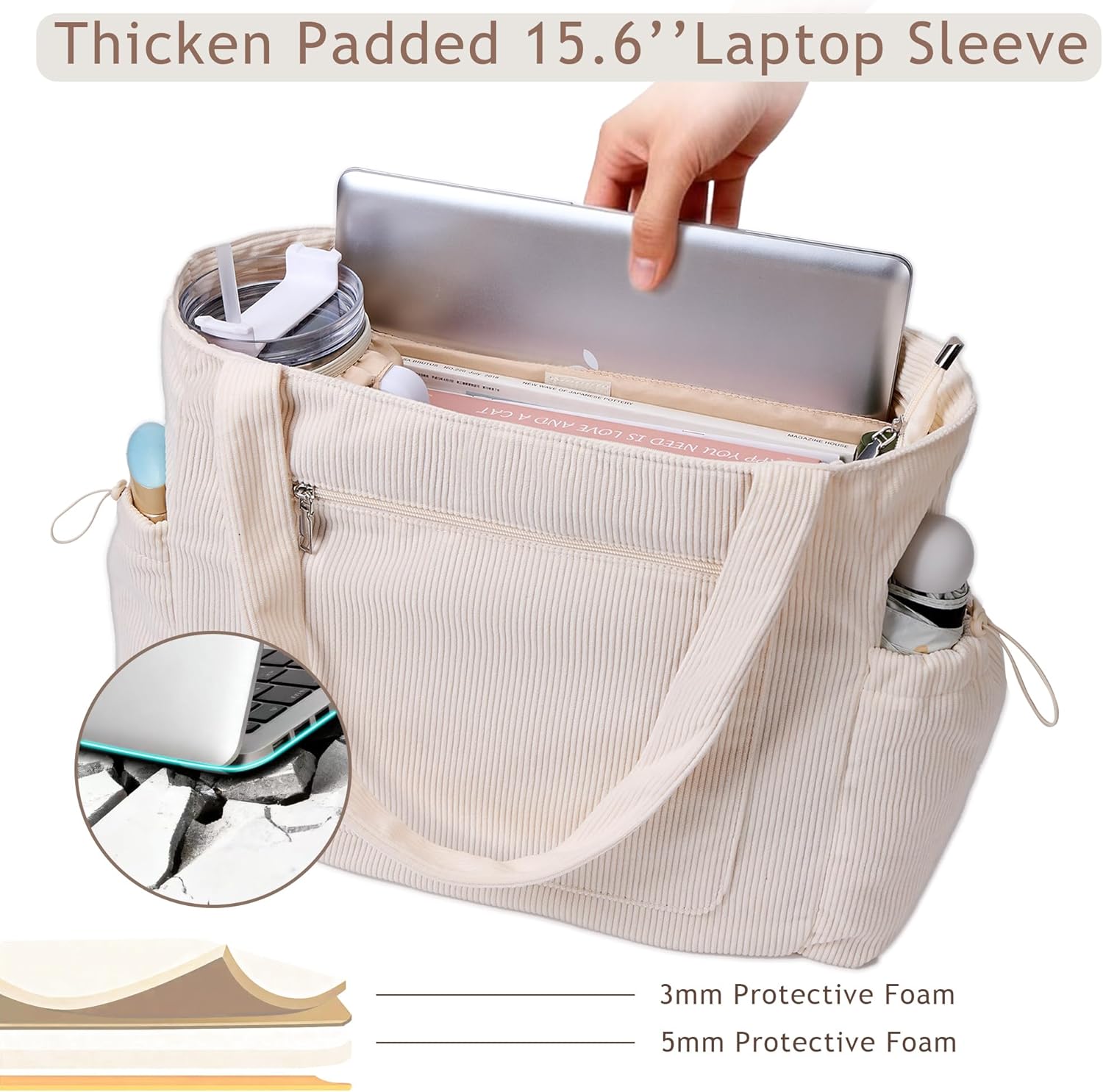 Tote Bag for Women Large Corduroy Tote Work Bags with Compartments Shoulder Bag Handbag for Travel, Teacher Nurse - Image 6