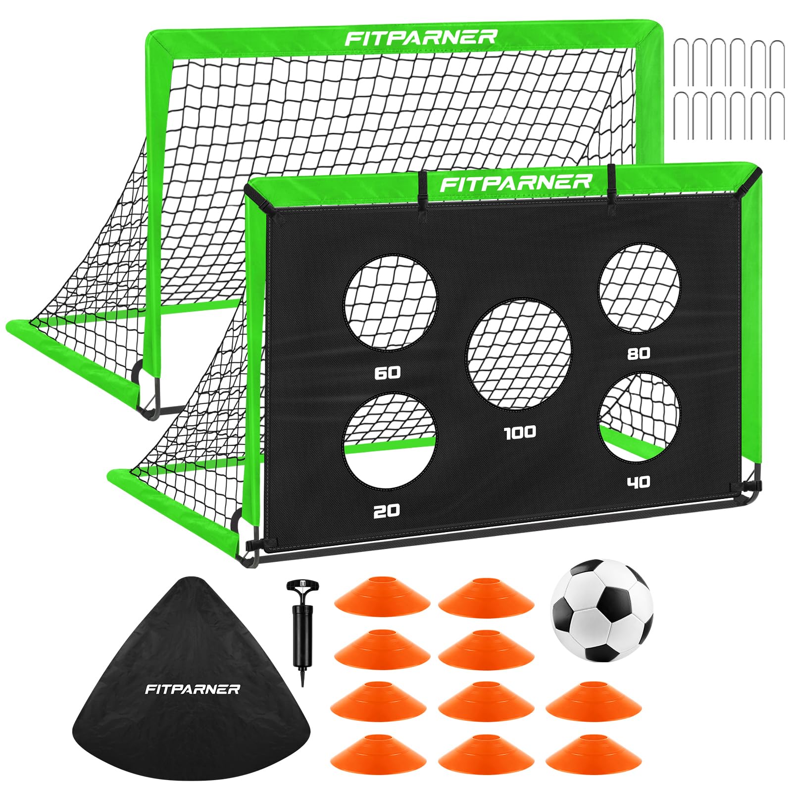 FITPARNER Soccer Goal,Backyard Soccer Goals for Kids 2 Pack,4x3/6x4 FT Portable Toddler Soccer Nets with Target,Ball & Cones,Soccer Training Equipment
