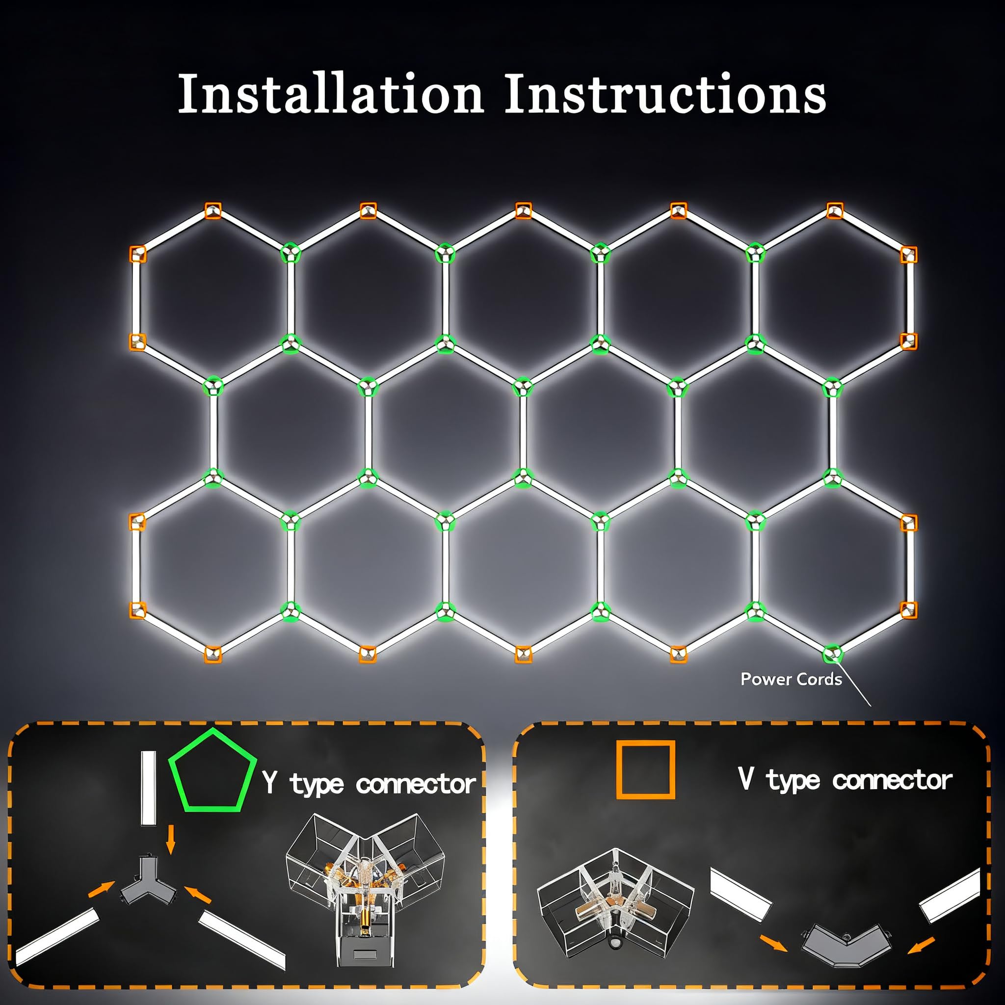 Luci LED Esagonali per Garage Plafoniera a Soffitto a Nido d'Ape, 442W 6500K Super Luce, Illuminazione Moderna per Officina Auto, Palestra, Bar, Camera Interno,3000k