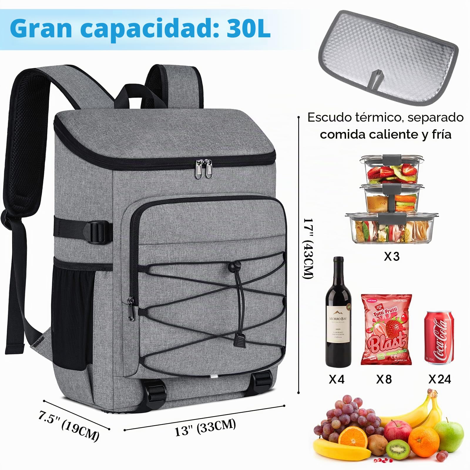 NUBILY Mochila Nevera 30L Impermeable Bolsa Termica de Refrigeración Porta Alimentos Mochila Nevera Isotermica Bolsa de Picnic Grande Fiambrera Camping Barbacoa Comidas Trekking Gris
