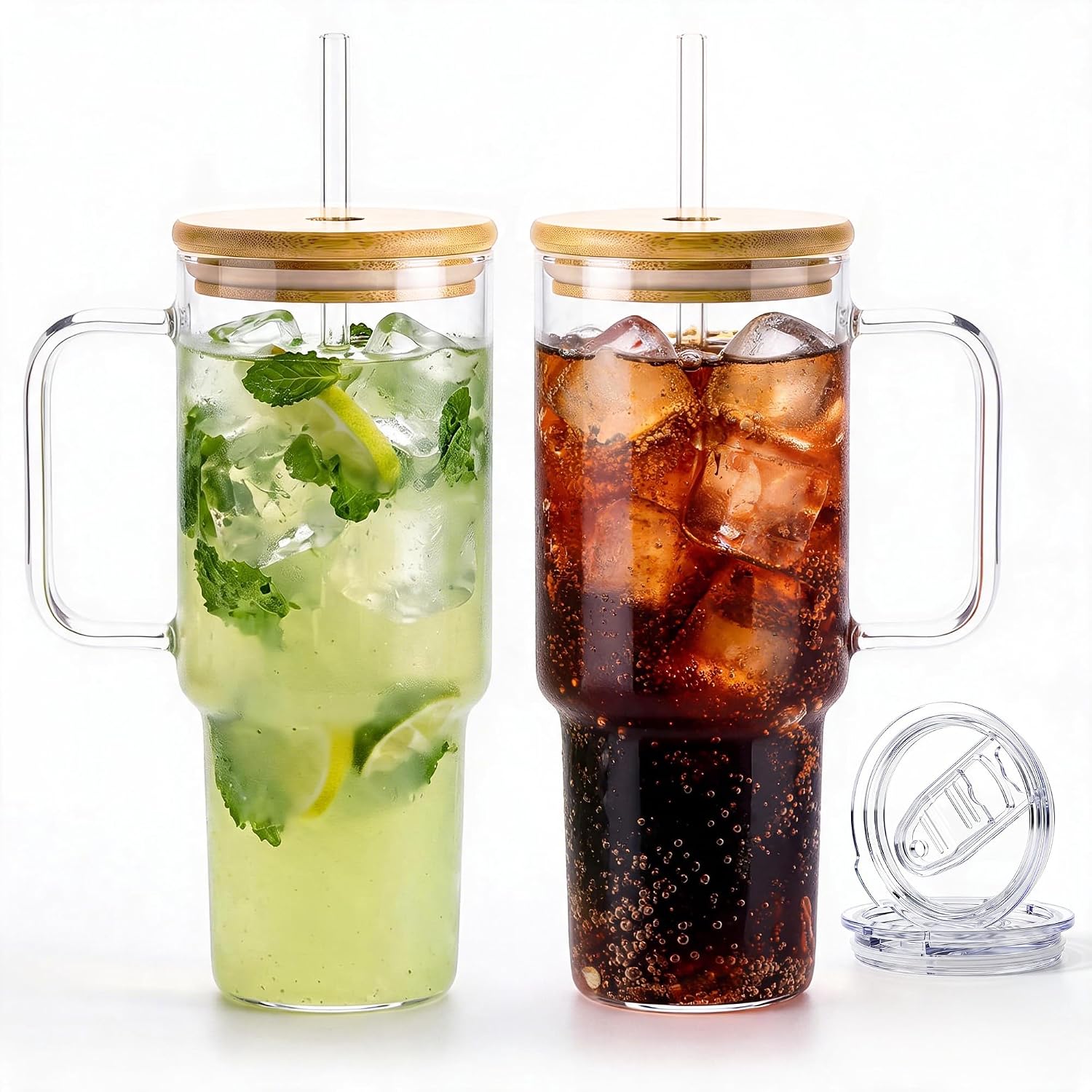 Glass Tumbler with Straw and Lid 40 oz, with Bamboo Lid & Clear Lid
