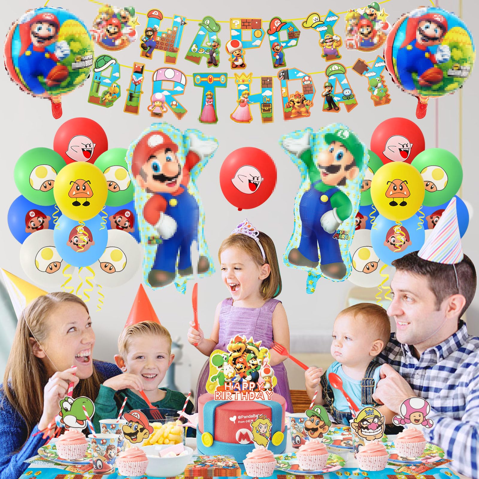 Image secondaire de 121PCS Ensemble Vaisselle Fête Kit Mari, Decoration Anniversaire Mario avec Assiette Nappe Ballon Bannière d'Anniversaire, Kit d