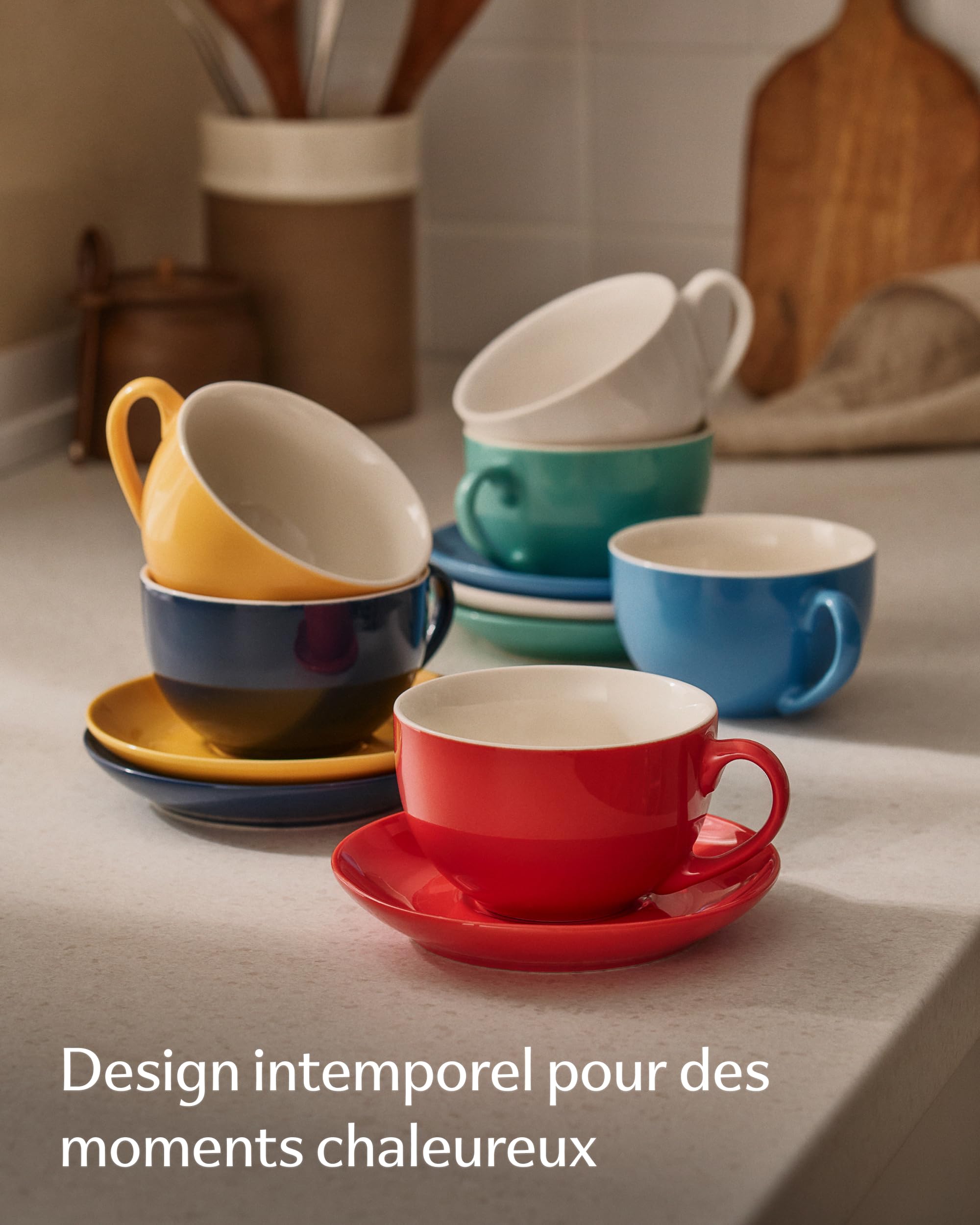 Cosumy Lot de 6 Tasses à Cappuccino Multicolore avec Soucoupes - 180ml Céramique Garde la Chaleur - Tasse à Cappuccino Empilables & Lave-vaisselle - Service à Café avec Anse - Service à Café - Coffret