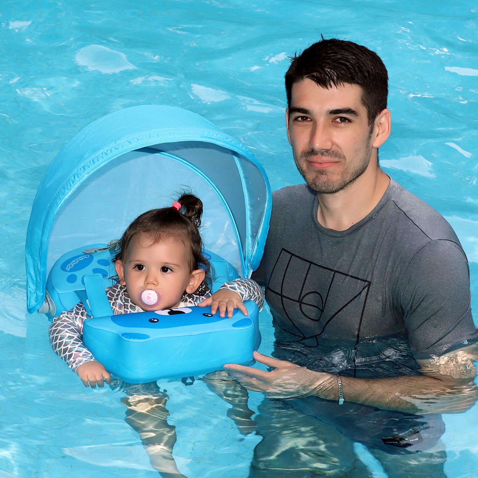 Swimbobo Newest Non Inflatable Baby Float Cloth Swim Shoulder Trainer Toddler Pool Floats with Canopy for 8-36 Months(Blue Bear)