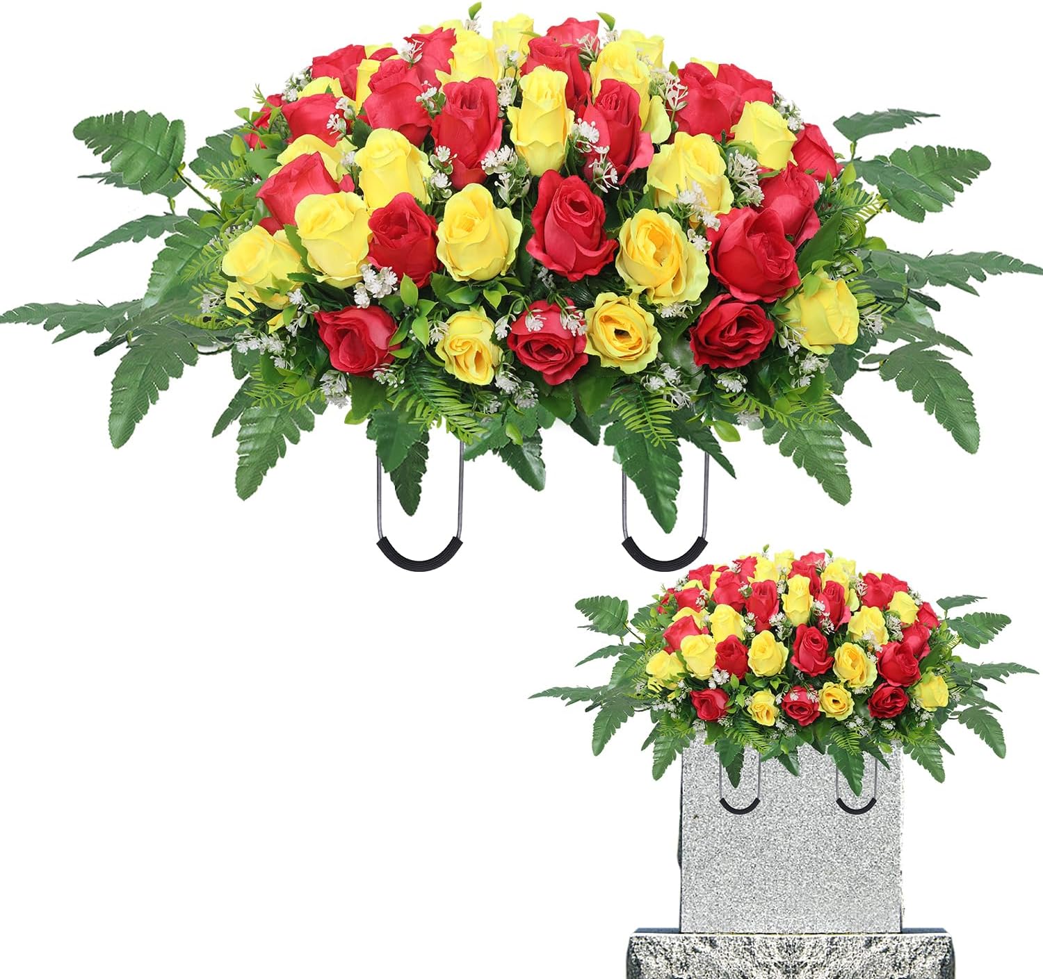 Artificial Cemetery Flowers Saddle - Grave Decoration Headstone Flower Rose for Outdoor Grave Decorations (Pink White)