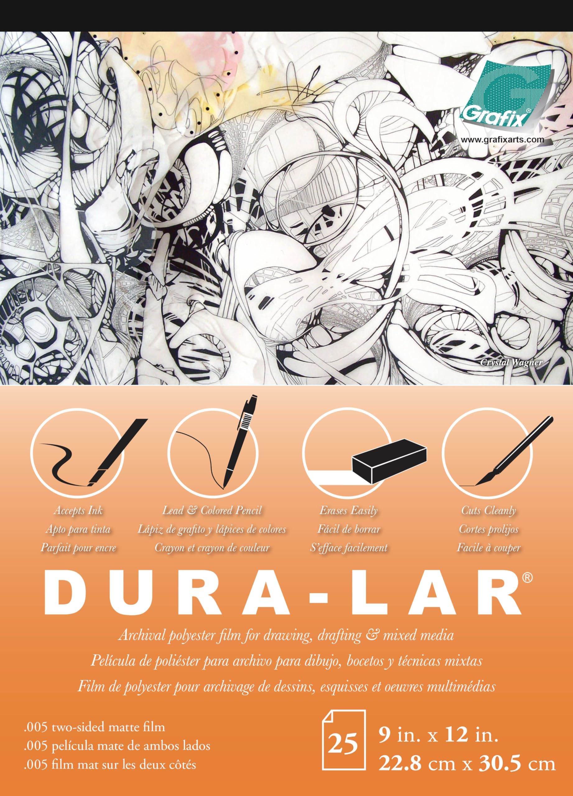Grafix Dura-Lar 0.005" Film, Matte, Translucent 9"x12", Economical Alternative to Drafting Film, Mylar and Acetate, Translucent Drawing Surface for Lead, Ink, Charcoal and Paint, Pad of 25 Sheets