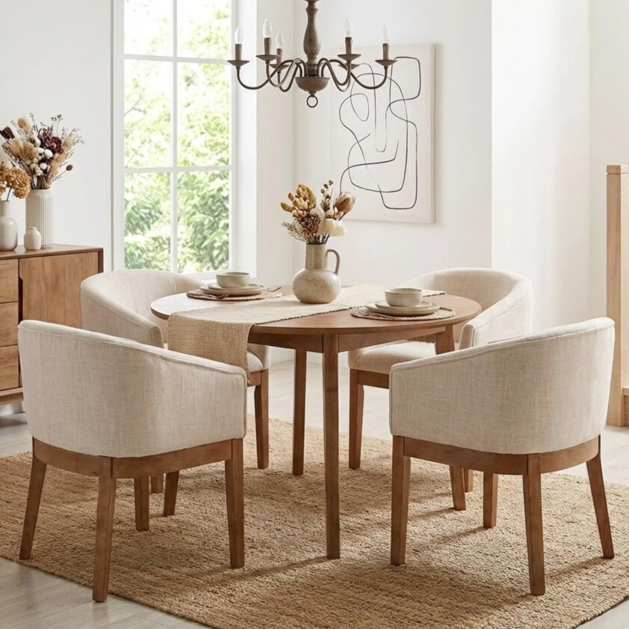Wahson Barrel Dining Chairs Set of 4, Beige Linen Upholstered Dining Room Chairs with Arms, Mid Century Farmhouse Kitchen Chairs with Natural Wood