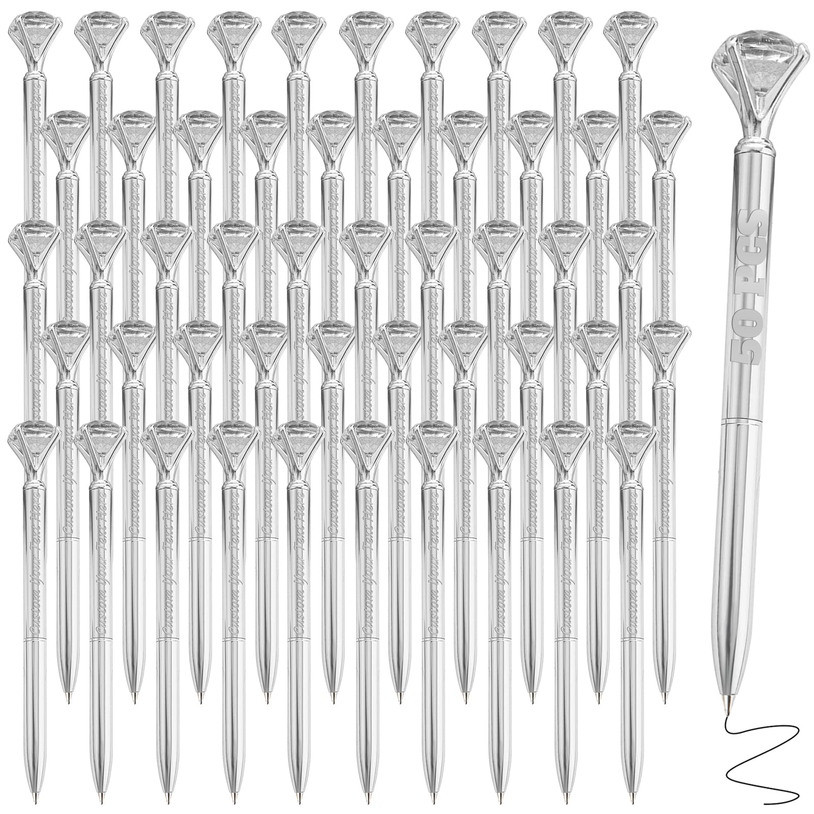 50 PCS Personalsed Diamond Pen in Bulk Custom Engraved Ballpoint Pens with Name Customized Black ink Pen for Wedding Anniversary Birthday or Graduation Gift-Silver