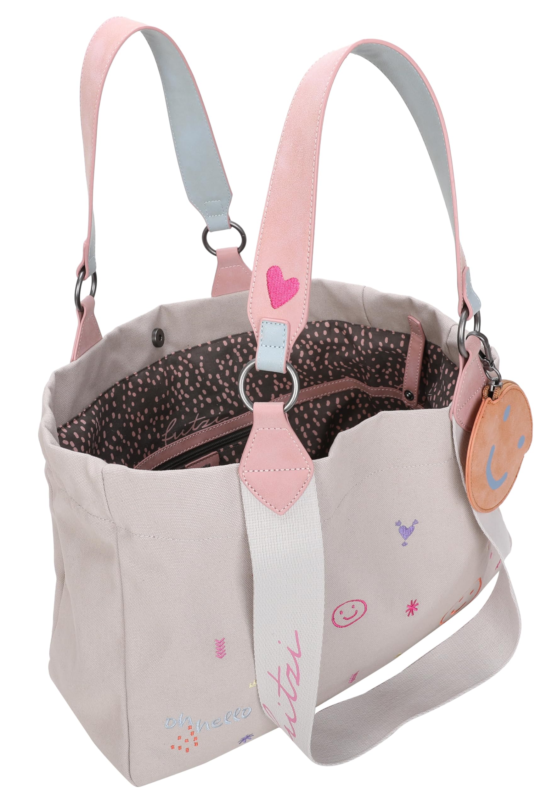 Fritzi Izzy Medium Limited Embro Fun Shopper Canvas Damen Handtasche Stickerei Festival City abnehmbares Pocket 29 x 42 x 15 cm - Anthrazit, Sand