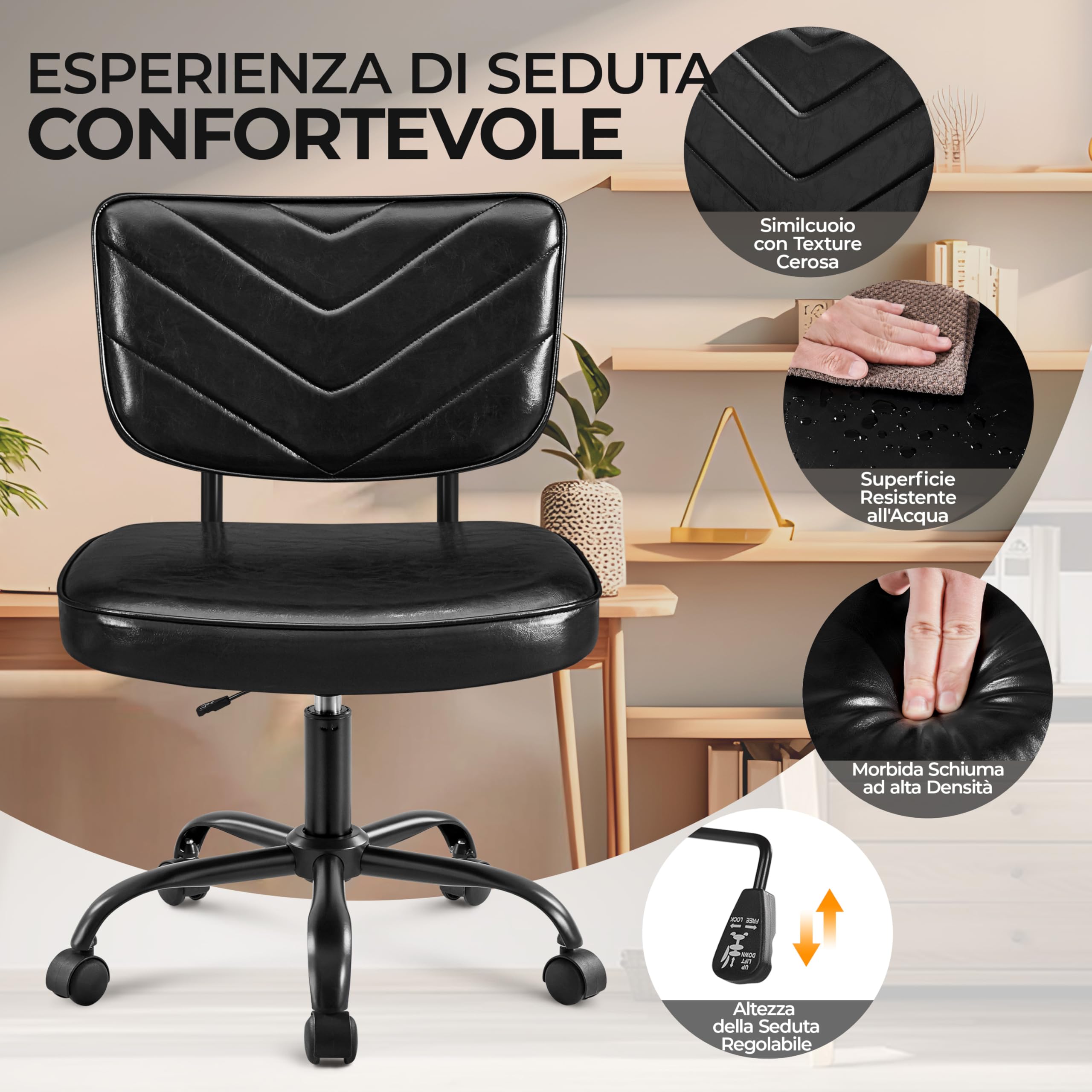 Sedia Ufficio Yaheetech - Ergonomica, Regolabile, Rotelle, Finta Pelle Nero - Foto 2