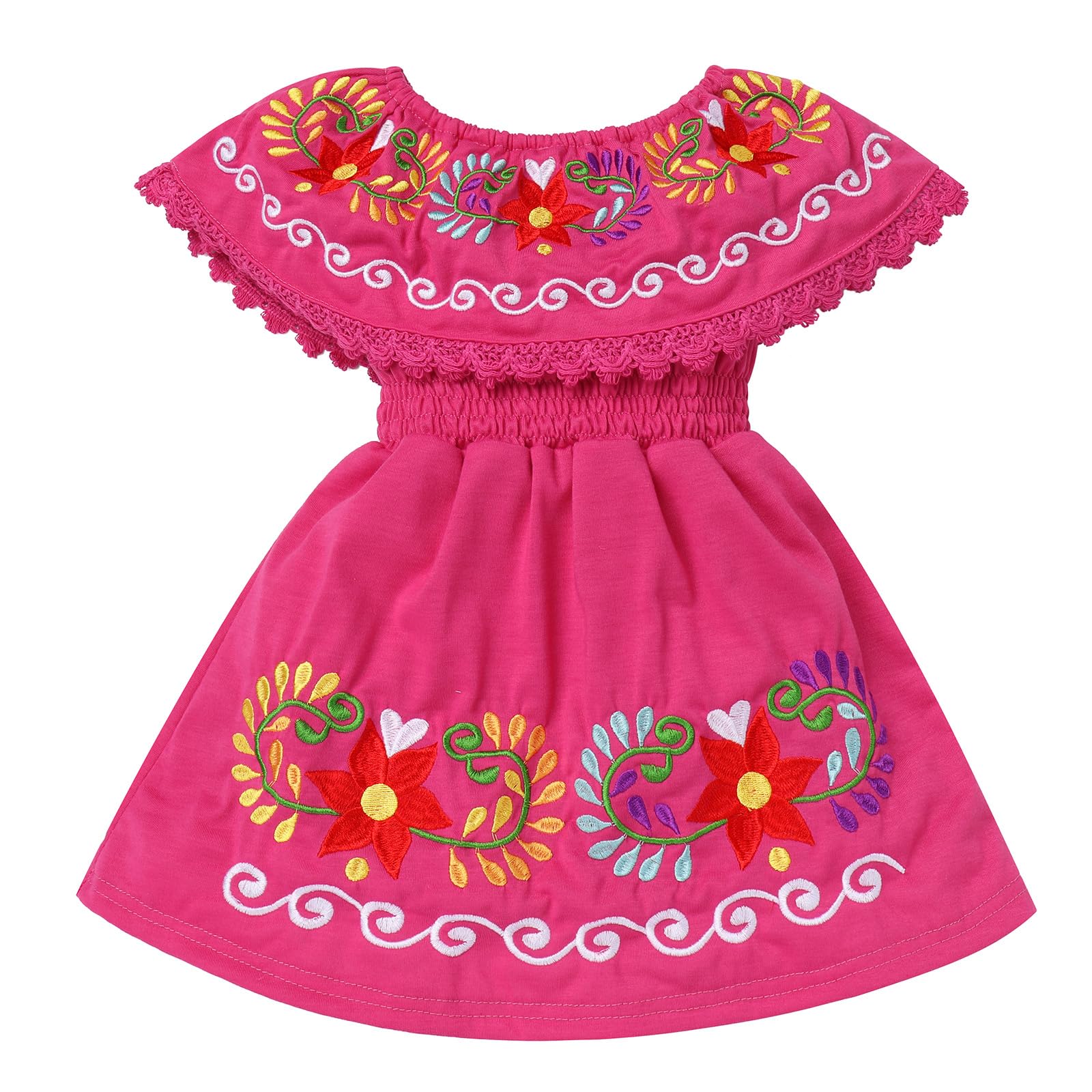 AWIBMK Baby Girls Mexican Dress Off Shoulder Floral Embroidered Dresses Cinco De Mayo Kids Traditional Ethnic Wear Outfit