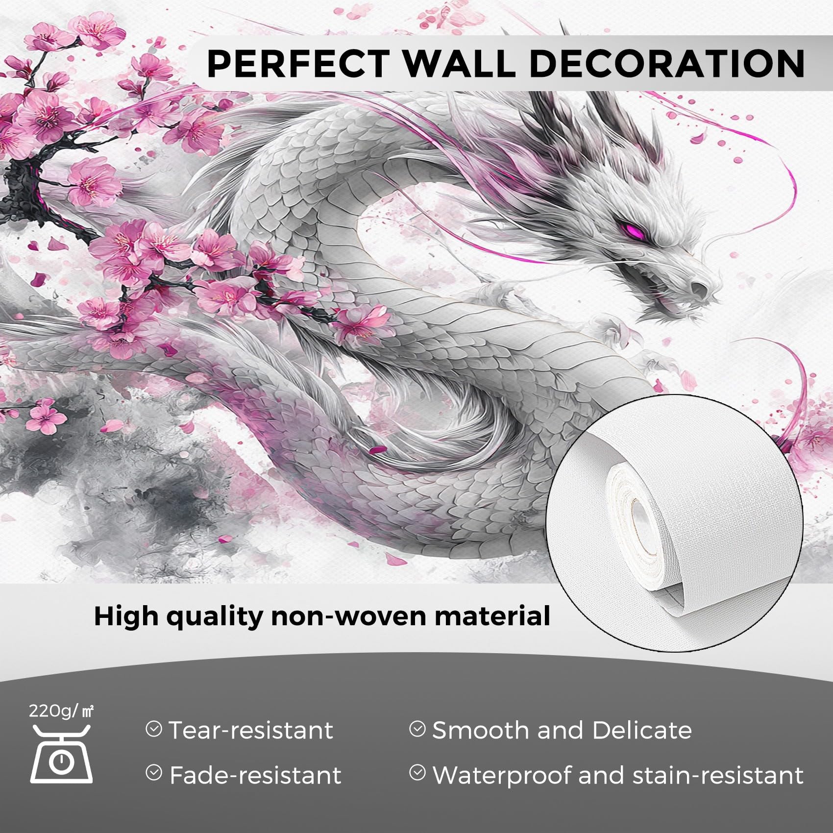 Générique Papier Peint Dragon Japonais Panoramique 310 x 250 cm, Papier Peint Intissé Fleur de Cerisier Animaux Fantastique Décoration Murale, Papiers Peints pour Salon Chambre saf-4