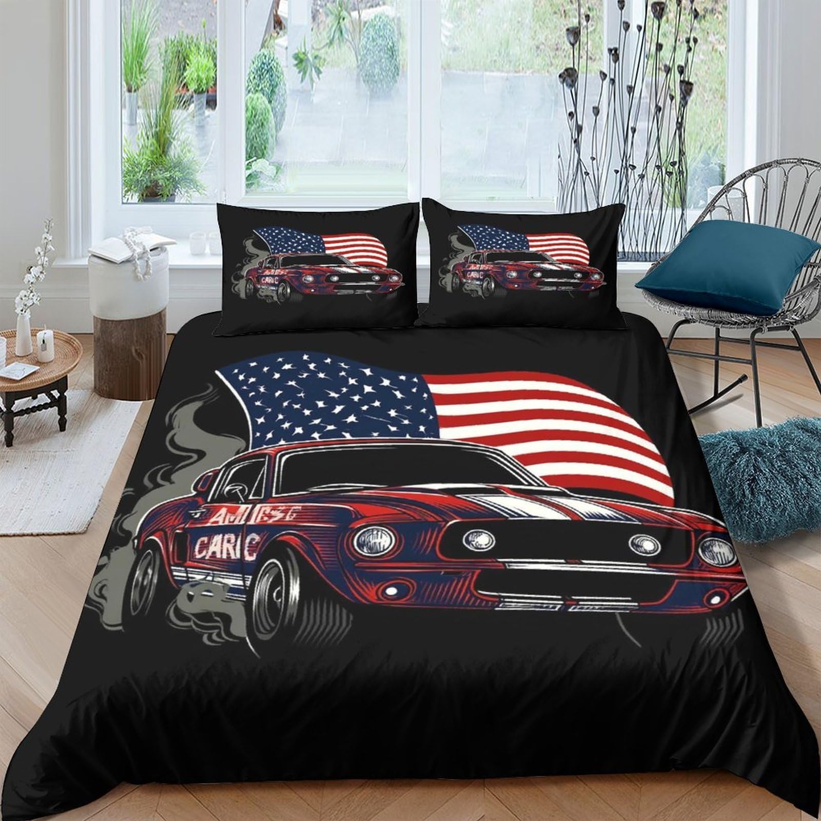 Ctjqhvkz Style-7 3D Printed American Flag Fitted Sheet Microfiber Classic Muscle Car Bed Cover For Bedroom Decor Dorm Mattress Protection Single（135X200cm）