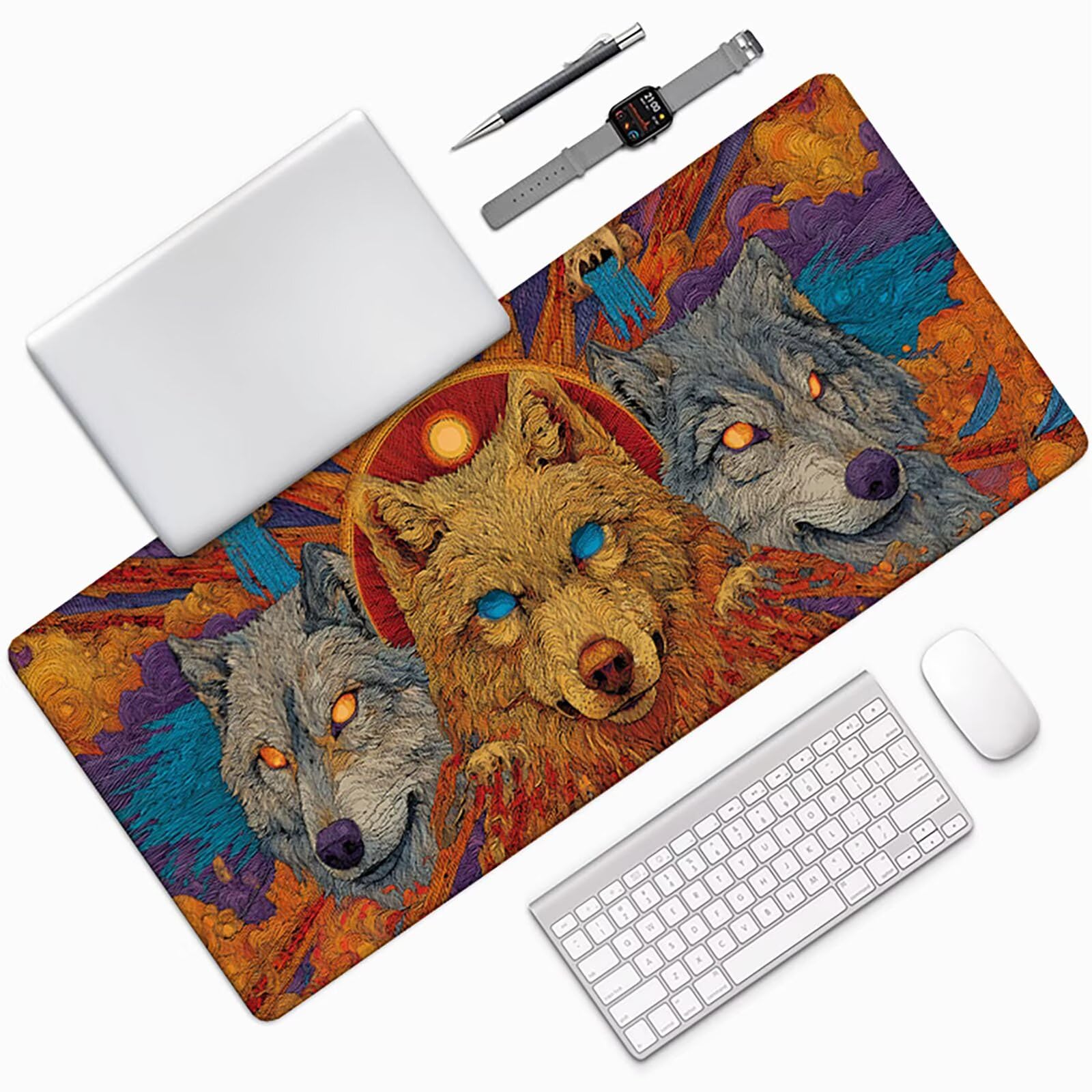 Color Naranja Alfombrilla Ratón XXL 1500x800x3 mm Grande Alfombrilla Ratón Gaming Lobo Art con Bordes Cosidos Diseño, Base de Goma Antideslizante Mouse Pad para PC Gaming Protector Escritorio z-3254