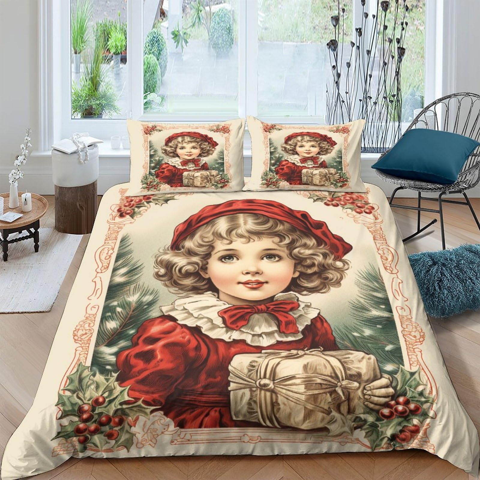 Housse de couette Noël 3D imprimé timbre vintage parure de lit King 3 pièces