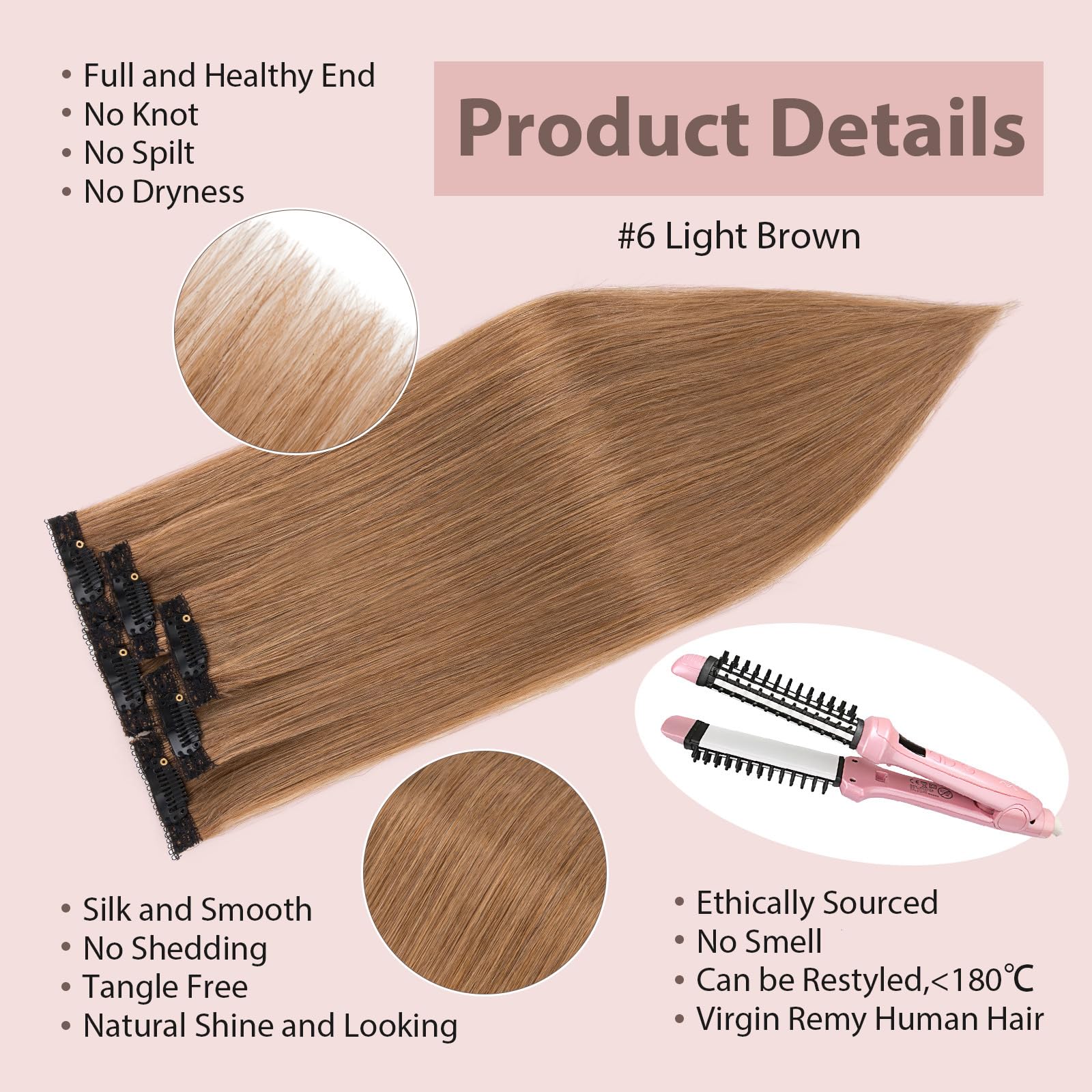 Silk-co Clip in Hair Extensions Real Human Hair Extension Double Weft With Lace Coverd Clip in Silky Straight 100% Natural Very Thin Highlight efffect for Women 6PCS 6Clip 14Inch #06 Light Brown 36g - Image 4