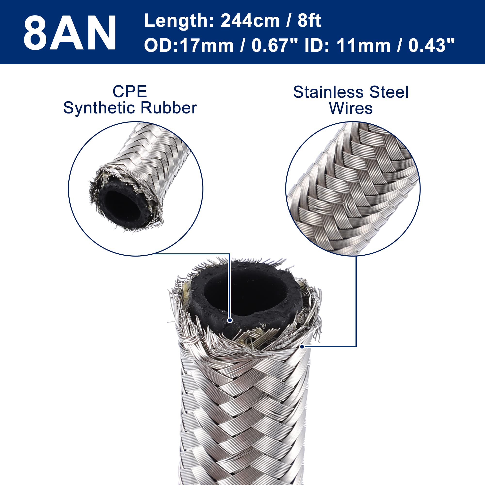 A ABSOPRO Tubo Flessibile Carburante Argento 1pc Per Auto Intrecciato AN8 | Materiale: Acciaio Inossidabile E CPE. Diametro Interno: 11mm, Esterno: 17mm. Lunghezza: 8ft (244cm). Pressione: 1000 Psi.