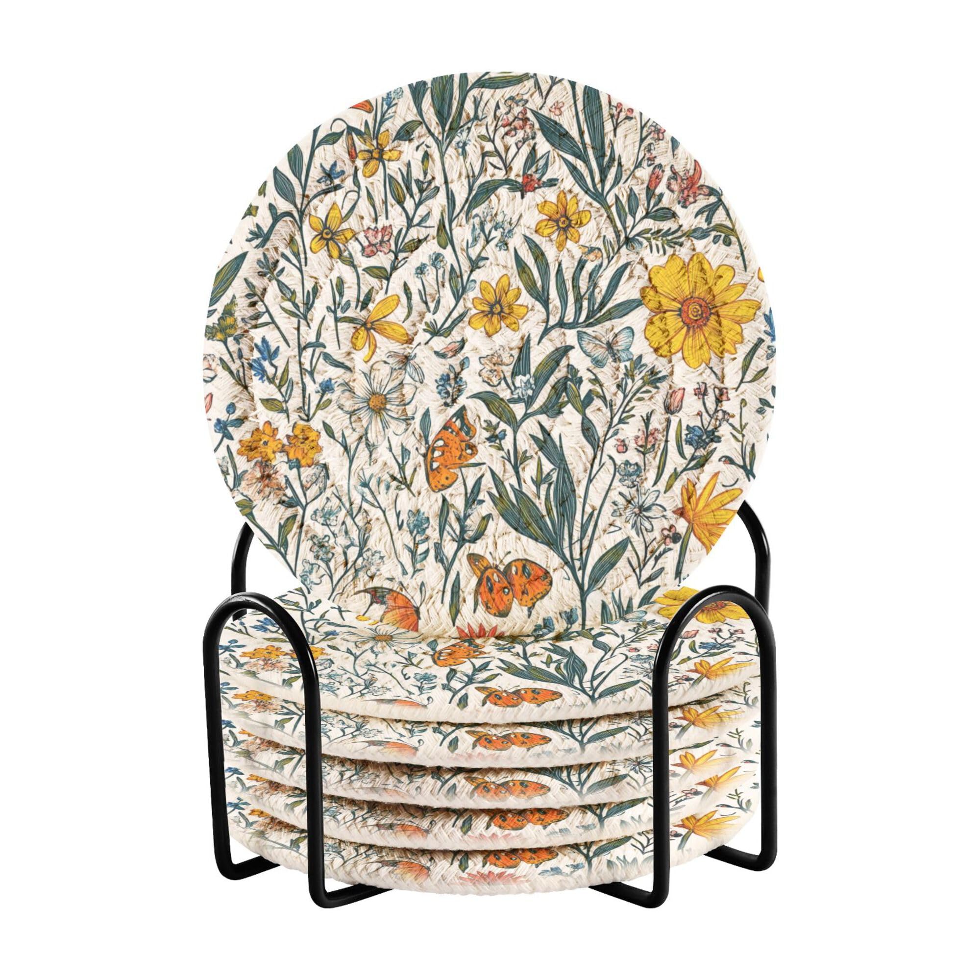 Flowers Daffodil Butterflies White Cotton Rope Drink Coasters Set with Holder Set of 6 Coasters
