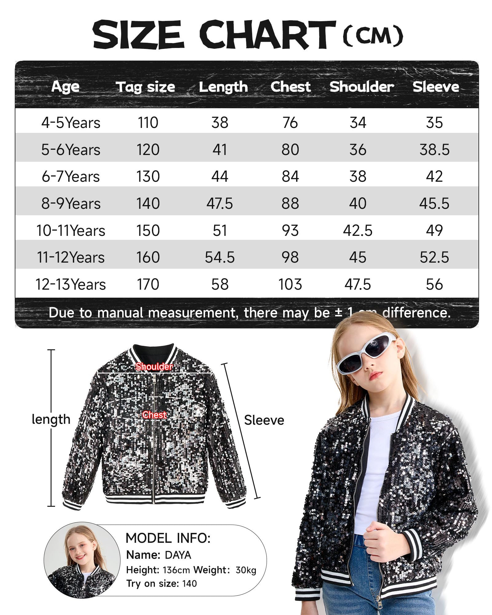 LOLANTA Blouson Bombardier à Poches Zippées à Paillettes pour Filles Veste de Baseball à Manches Longues pour Enfants