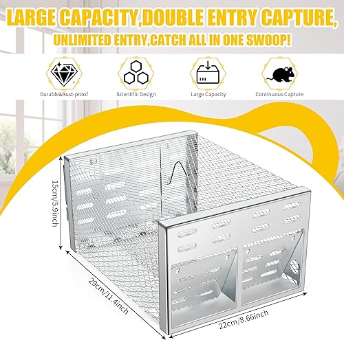 Miniatura 2 de Trampa humana para roedores para uso en interiores y exteriores, jaula de metal automática de múltiples capturas con puertas dobles