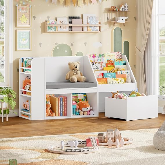 HOCSOK Bibliothèque avec Banc de Lecture et Tiroirs