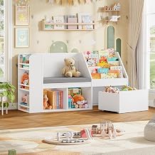 HOCSOK Kids Bookshelf with Reading Seat, Wooden Toy Storage Unit