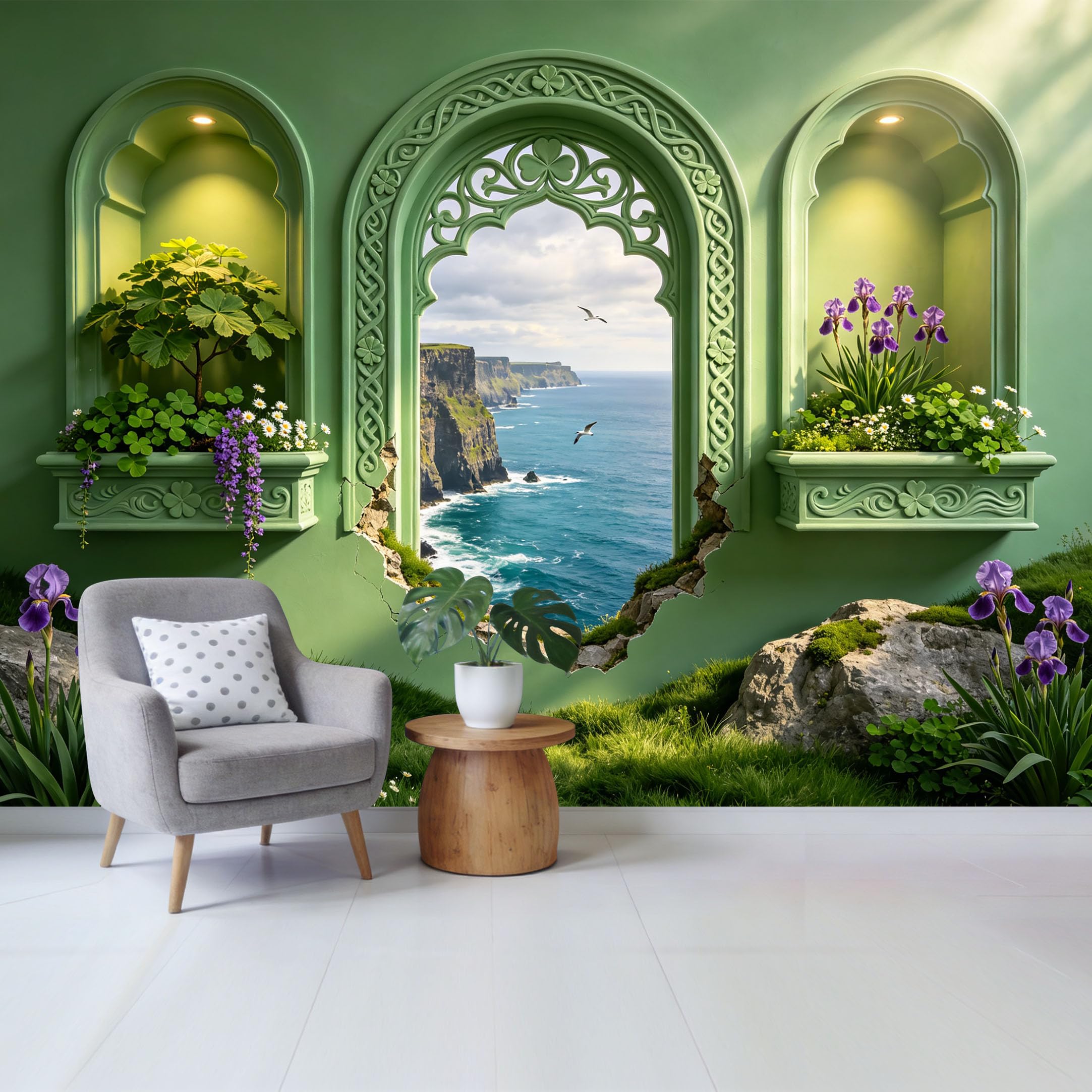 Removable Self Adhesive Fabric Mural， Coastal Cliff Ocean View Botanical Archway Custom Size Wall Covering， UV Protected Waterproof Washable Wall Decor for Living Room Bedroom Bathroom