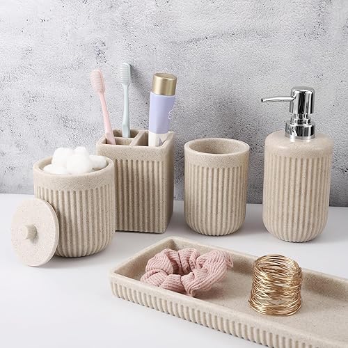 Juego de 5 accesorios de baño de resina beige, dispensador de jabón de loción, soporte para cepillos de dientes, vaso de baño, tarro de hisopo de