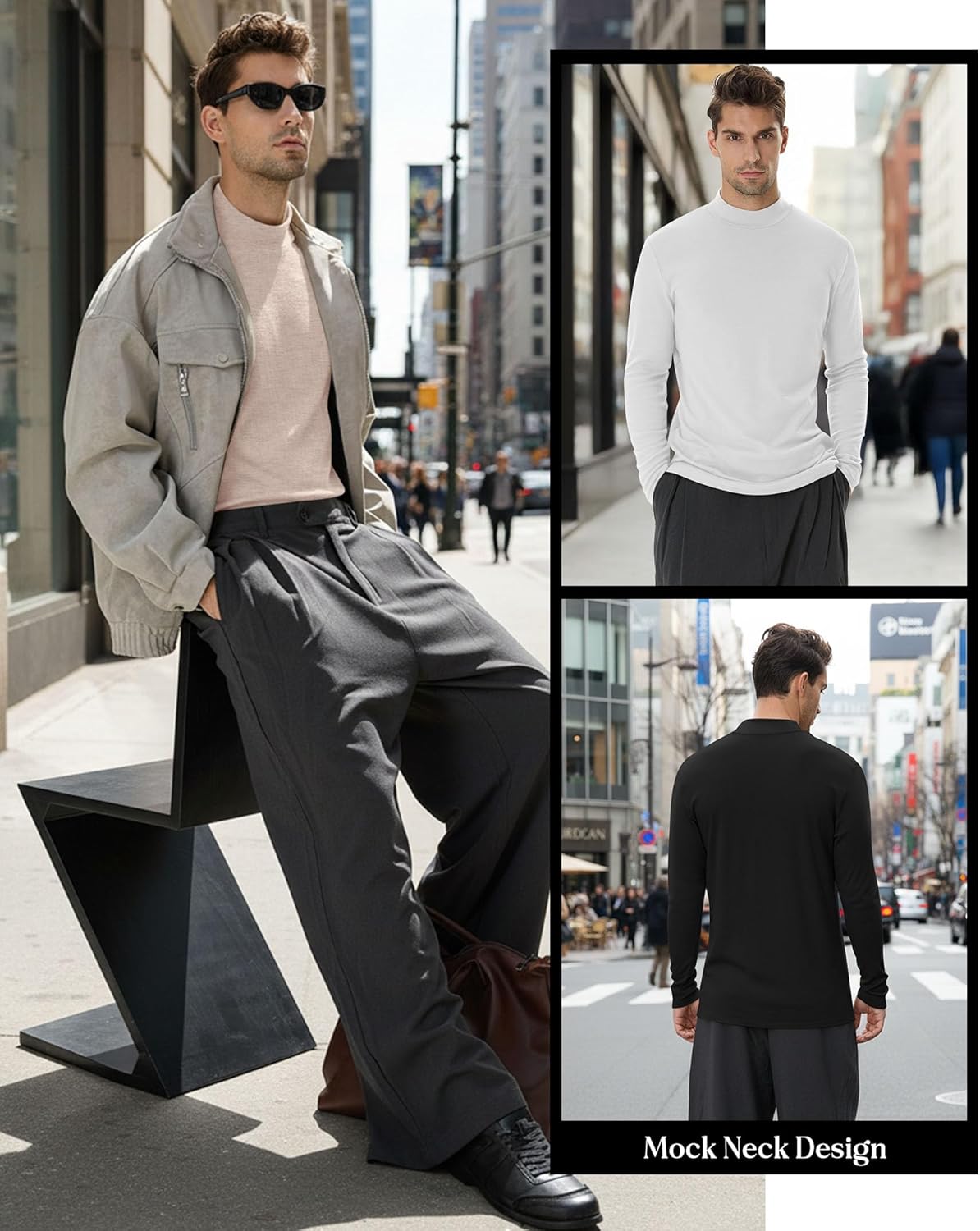 Riyiper 3 Pcs Men's Big and Tall Cotton Shirts Mock Neck Long Sleeve Tops Loose Fit Plus Size Casual Basic Tees - Image 6