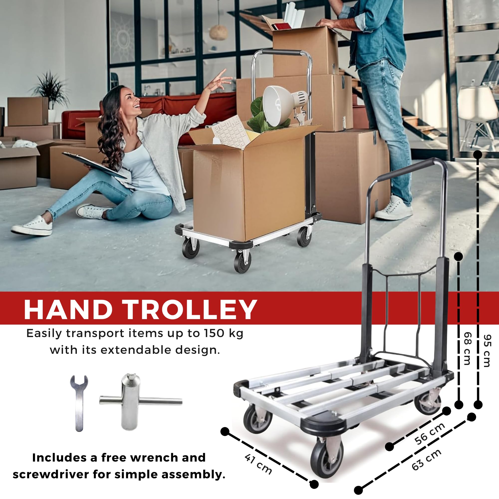 Wózek Transportowy, Aluminiowy Wózek Ręczny, Składany, Wózek Schodowy Wysuwany z 4 Antypoślizgowymi Kółkami, Wózek Platformowy o Udźwigu 150 kg, Idealny do Transportu w Magazynach, Ogrodzie, Domu