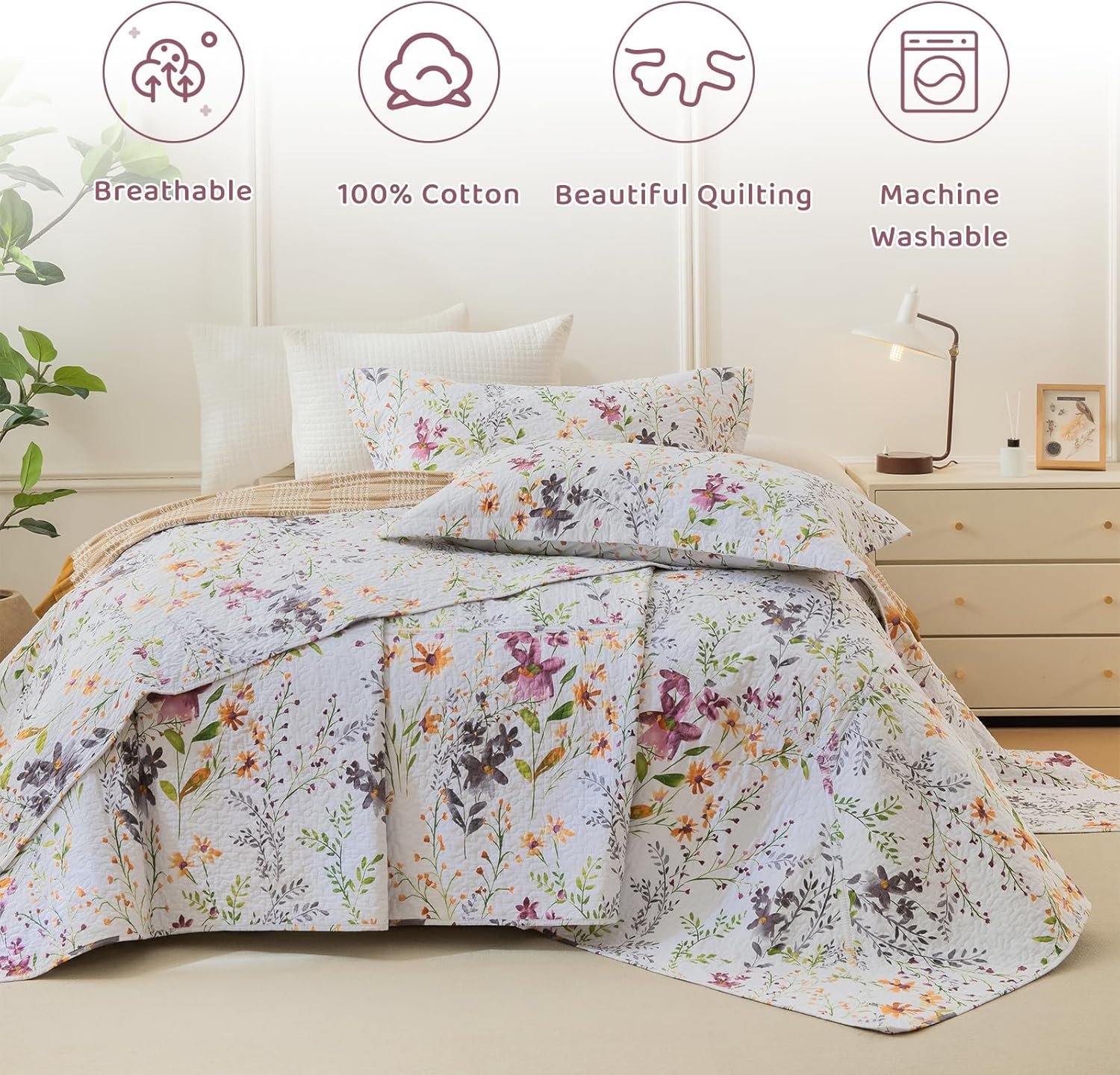 Sanracie Oversized King Bedspread(128"x120"),100% Cotton Floral Quilt Set Extra Wide 3Pcs Lightweight Summer Yellow Wild Flower Botanical Printed Pattern Bedding Coverlet California King Size - Image 3
