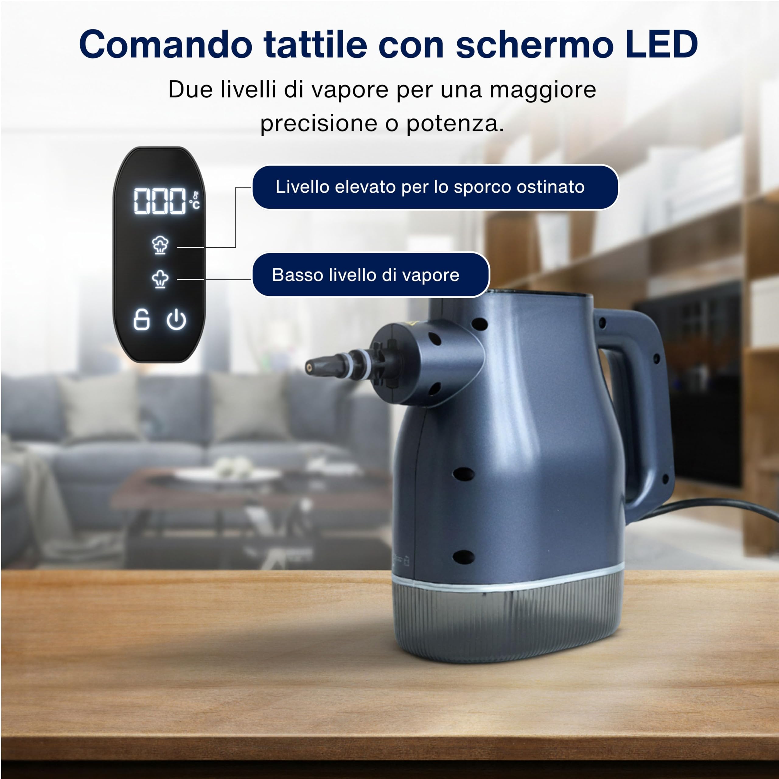 Samako AirSteam S1 Pulitore a vapore portatile 1350W – Pulizia rapida e mirata per cucina, bagno, vetri e tessuti, con 7 accessori, touchscreen e sicurezza bambini