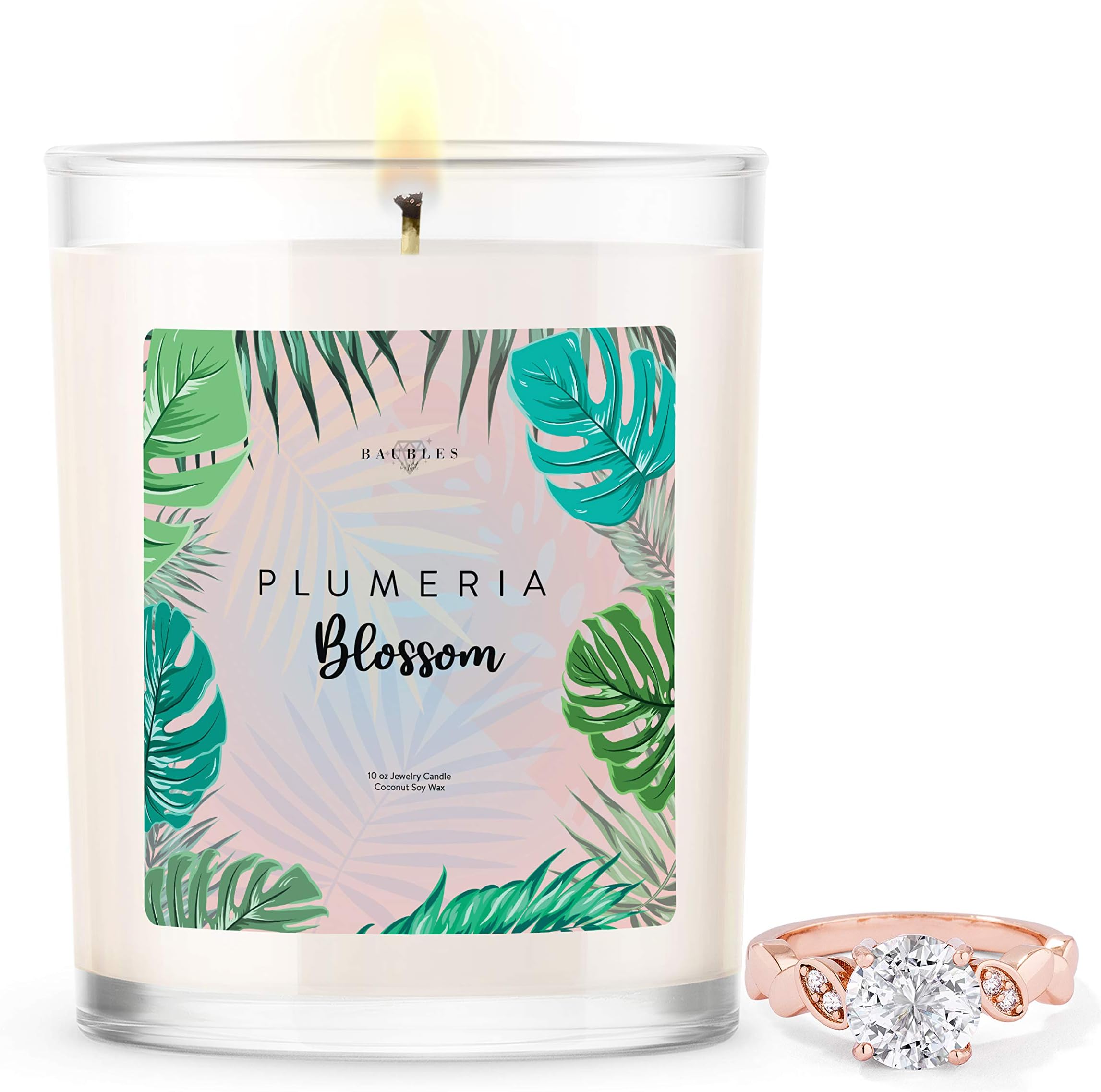 Baubles Plumeria Blossom Scented Premium Candle and Jewelry with Surprise Ring Inside | 10 oz Large Candle | Made in USA | Parrafin Free | Size 08