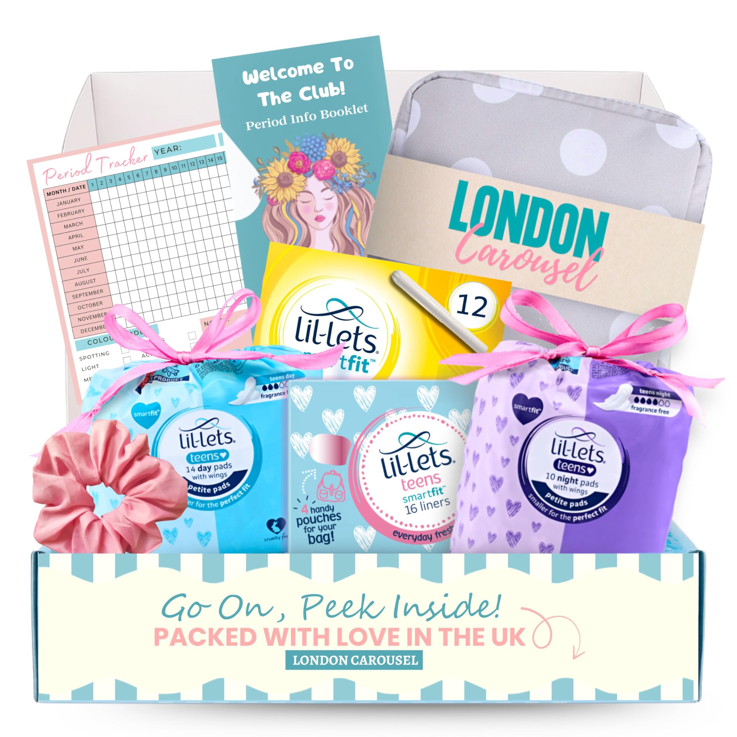 First Period Kit For Girls - Emergency Bag With Sanitary Pad Storage Bag, Teen Towels, Lil-Lets Teens Liners, Tampons, Hair Scrunchie, Info Booklet And Tracker