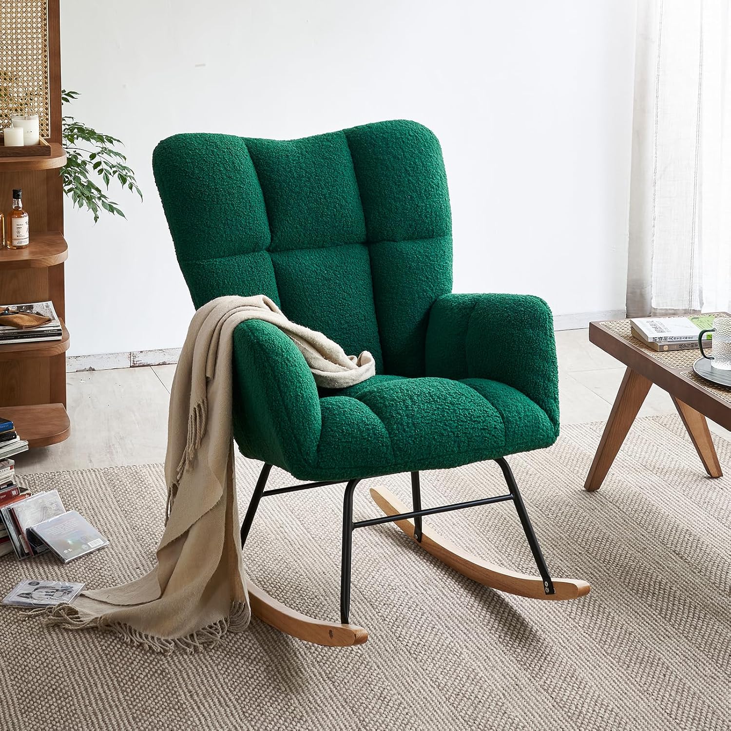 Virabit Modern Green Teddy Fabric Rocking Chair Glider - Cozy High Backrest Nursery Rocker, Perfect Accent Recliner for Living Room, Bedroom, and Reading Nook