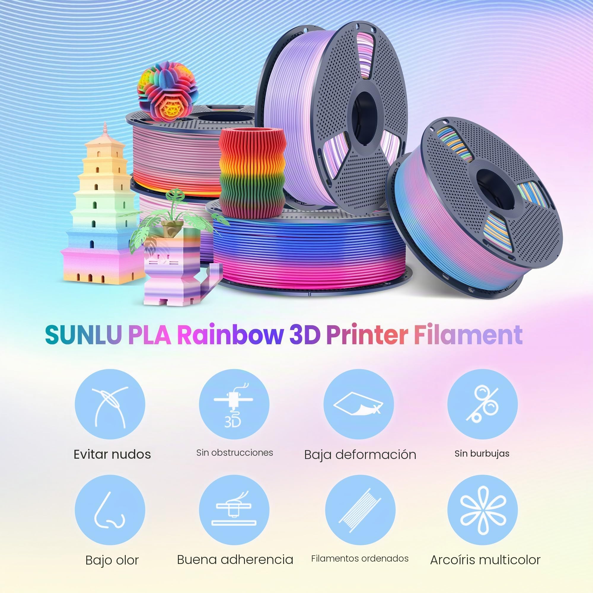 SUNLU Filamento PLA Arcoíris Multicolor Bundle, Filamento PLA con Degradado de Color para Impresora 3D 1,75 mm ±0.02 mm, Peso Total 4KG, 1KG por Carrete, 4 Carretes.
