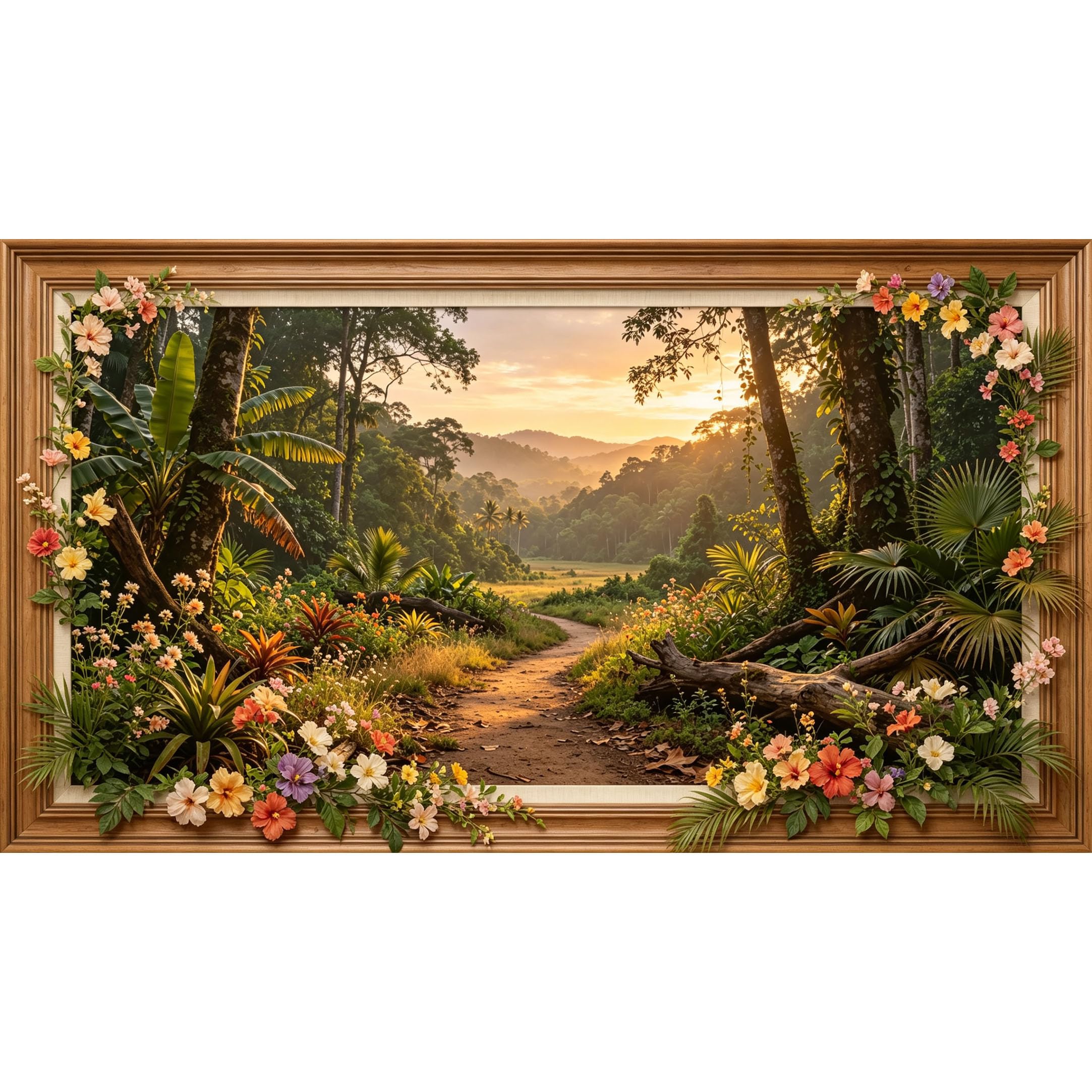 QZLITHOTIC 50×100cm 3D Framed Wall Art， Tropical Jungle Sunset Path Botanical Self?Adhesive Mural， Water?Activated Peel & Stick Fabric Decor Wall Decal for Bedroom Living Room