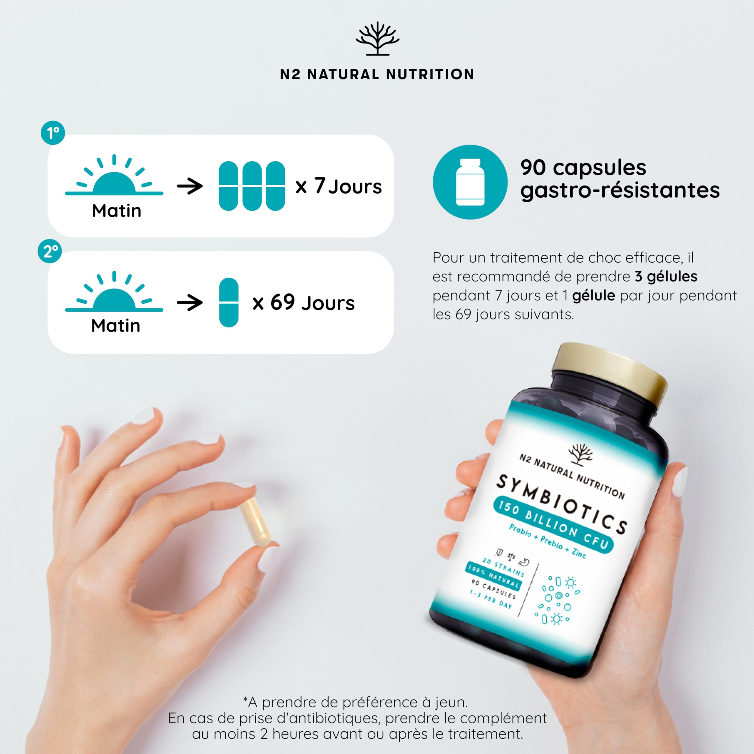 Probiotique Flore Intestinale 150 Milliards UFC, 20 Souches de Bactéries + Zinc + Inuline. Probiotiques pour la Régénération Digestive et Microbiote. 90 gélules, Végétalien. N2 Natural Nutrition