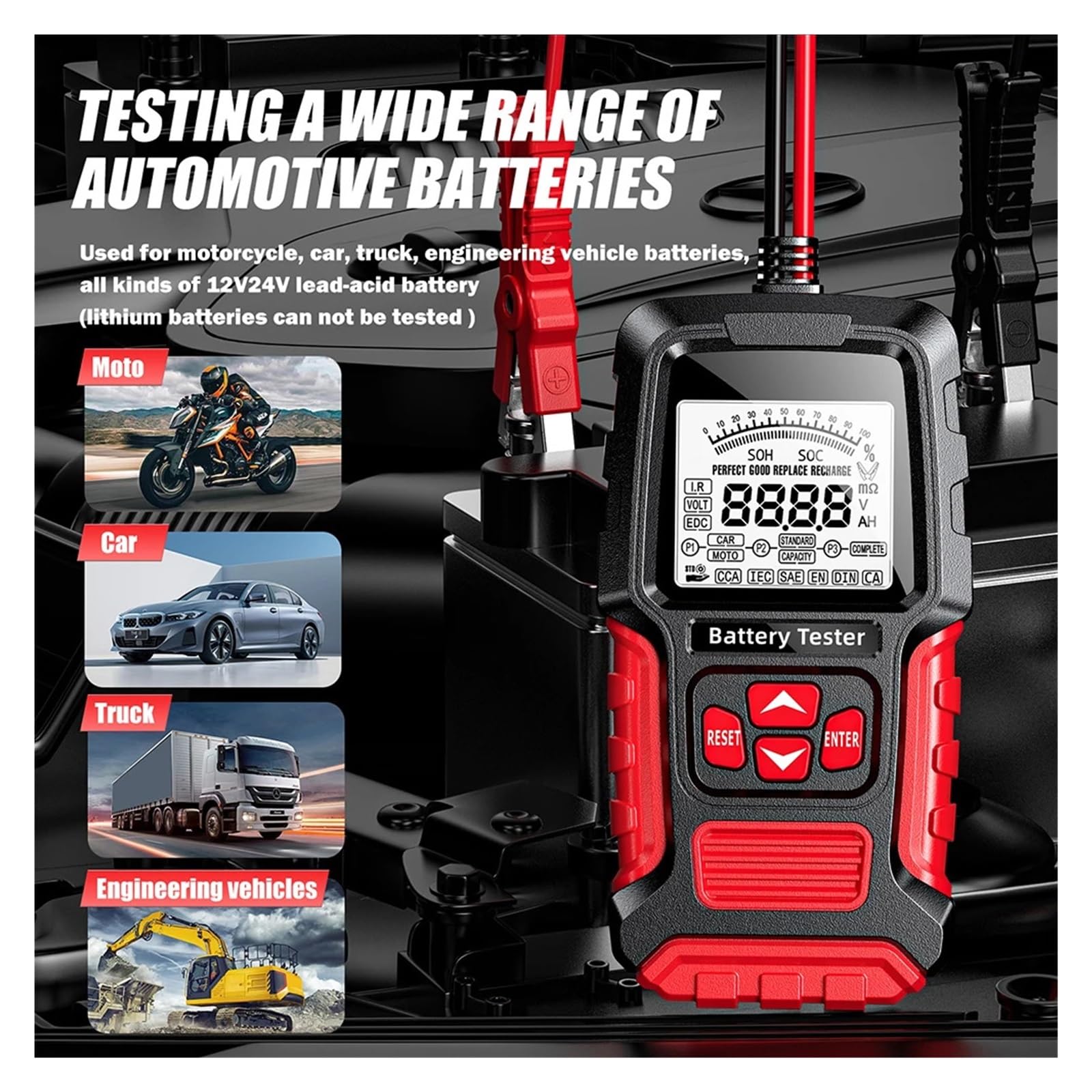 Probador De Batería De Coche 12V 24V Analizador De Batería LCD Herramienta De Prueba Escáner Analizador Digital De Diagnóstico Probador For Coche Camión Motocicleta FáCil De Usar(Red)