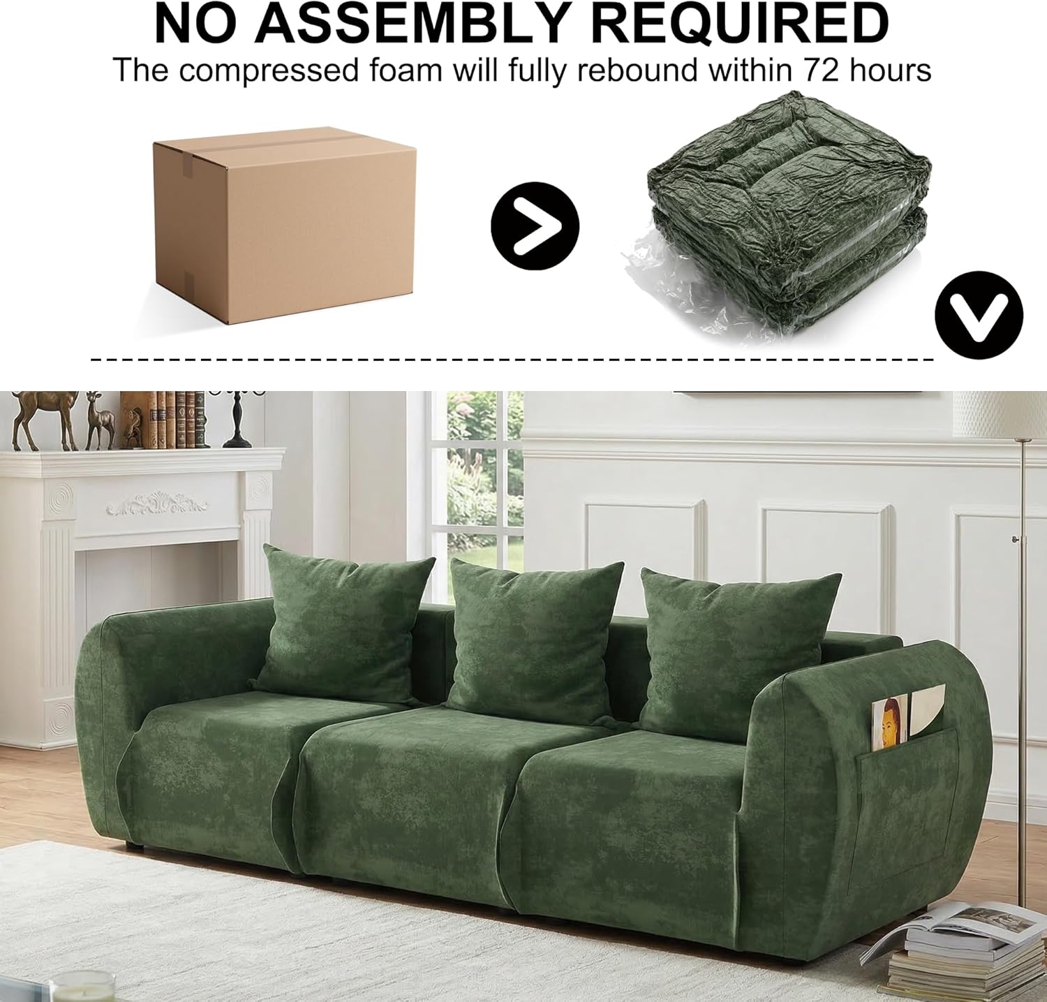 Modern Modular Sectional Sofa - Ultra Soft Chenille Green Boneless Couch, Cloud Couches for Living Room with Comfy Seat, Side Storage Pocket & No Assembly Required (Loveseat)