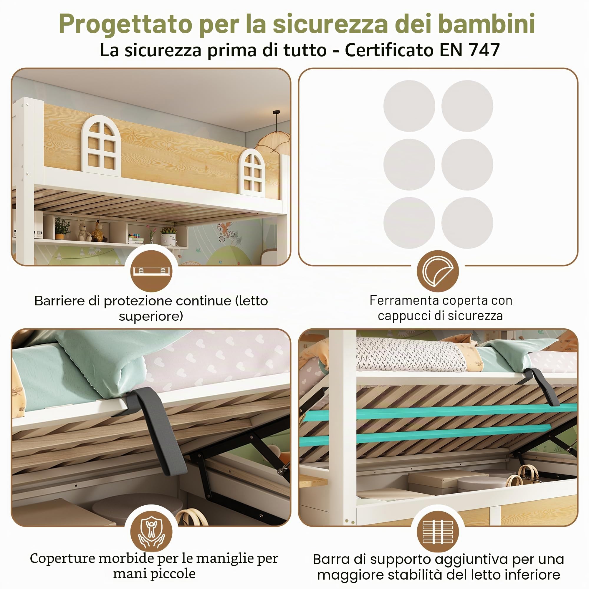 Dolamaní Letto a castello in legno 90 x 200 cm per 2 persone, con spazio di archiviazione idraulico, scala, reti a doghe e protezione anti-caduta, senza materasso (bianco + naturale B)
