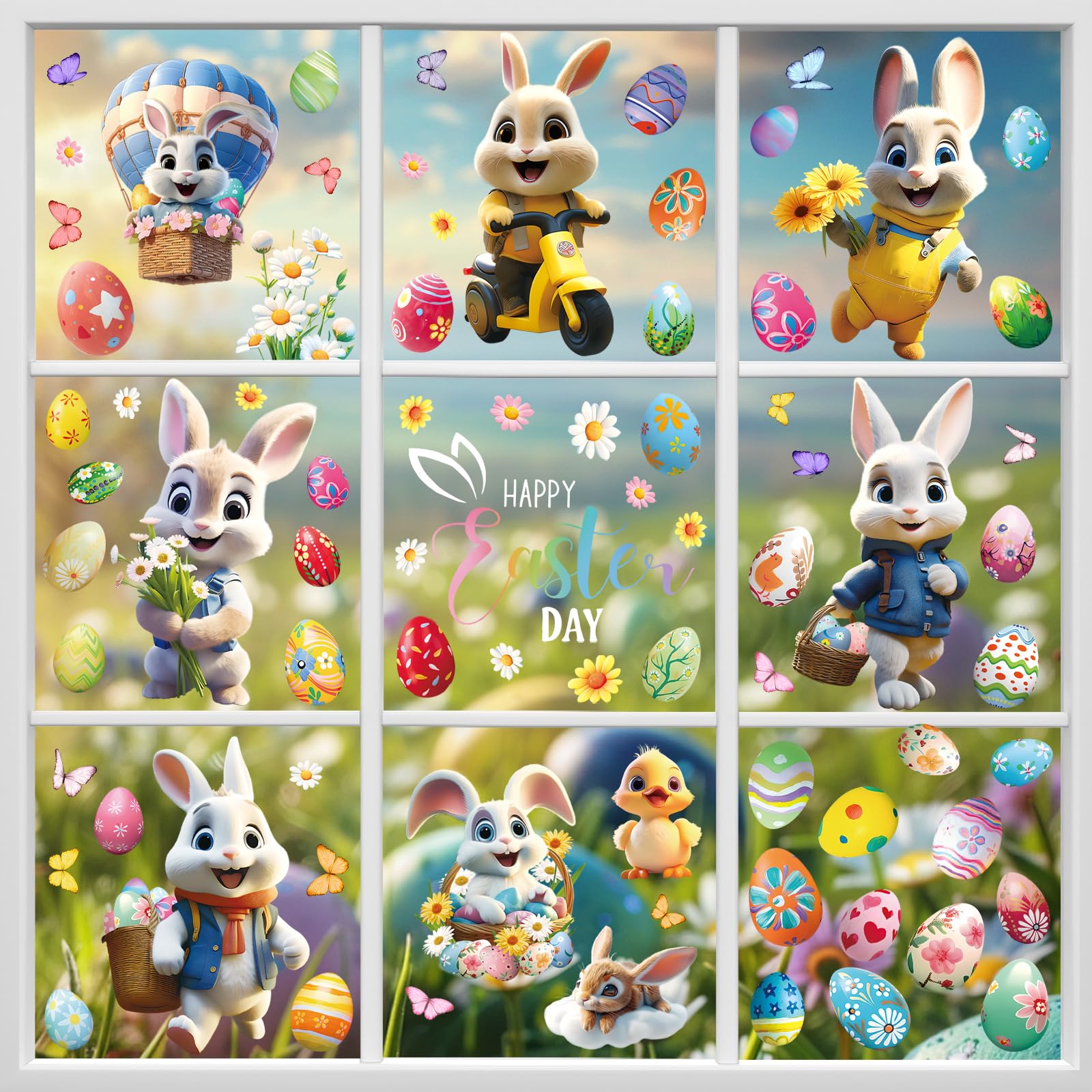 Hianjoo 75 PCS Happy Easter Window Clings, 9 Sheets Easter Egg Bunny Window Clings for Window Decor, Double Sided Easter Decorations with Chick Flower Fox for School Home Office Party Supplies