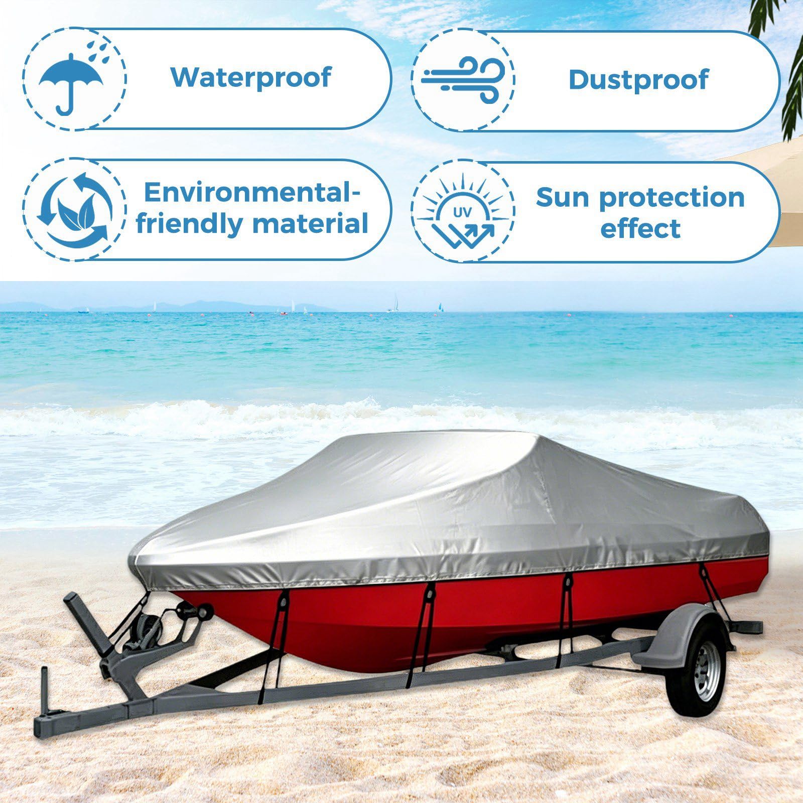 JSCARLIFE Copertura per barca, impermeabile 210D, resistente, in poliestere di grado marino, con scafo a V, per pesca e sci, protezione UV per tutte le condizioni atmosferiche, con cinghie di