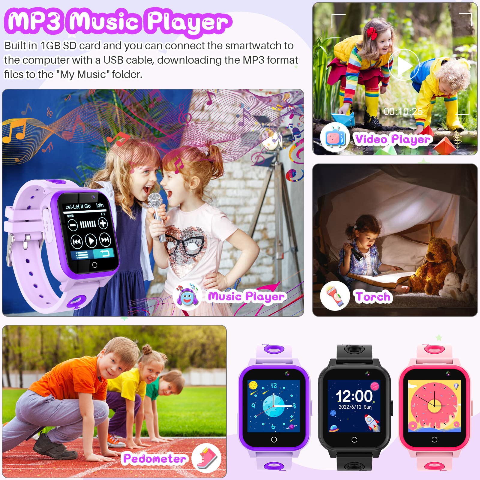 Montre intelligente de jeux pour enfants avec écran tactile, 18 jeux, appareil photo, podomètre, réveil, lecteur MP3, montre musicale pour enfants, garçons et filles, cadeau de Noël et