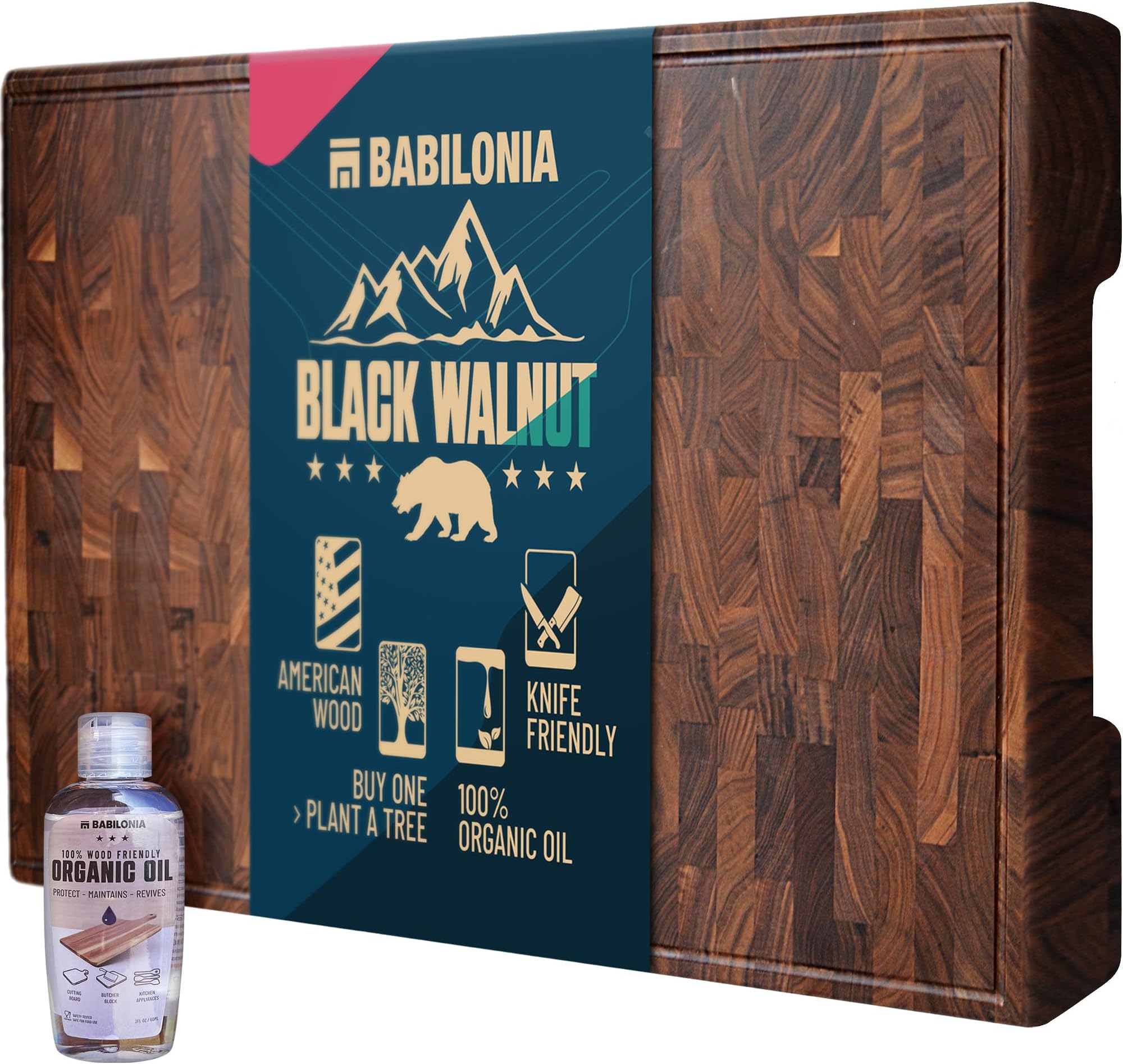 American Black Walnut Cutting Board (ExtraThick 1.7"), Premium Quality & Professional Butcher Block. Heavy Duty End Grain Wood Chopping Board 15.7" L x 10.2" W (Oil Bottle & Plate Included)