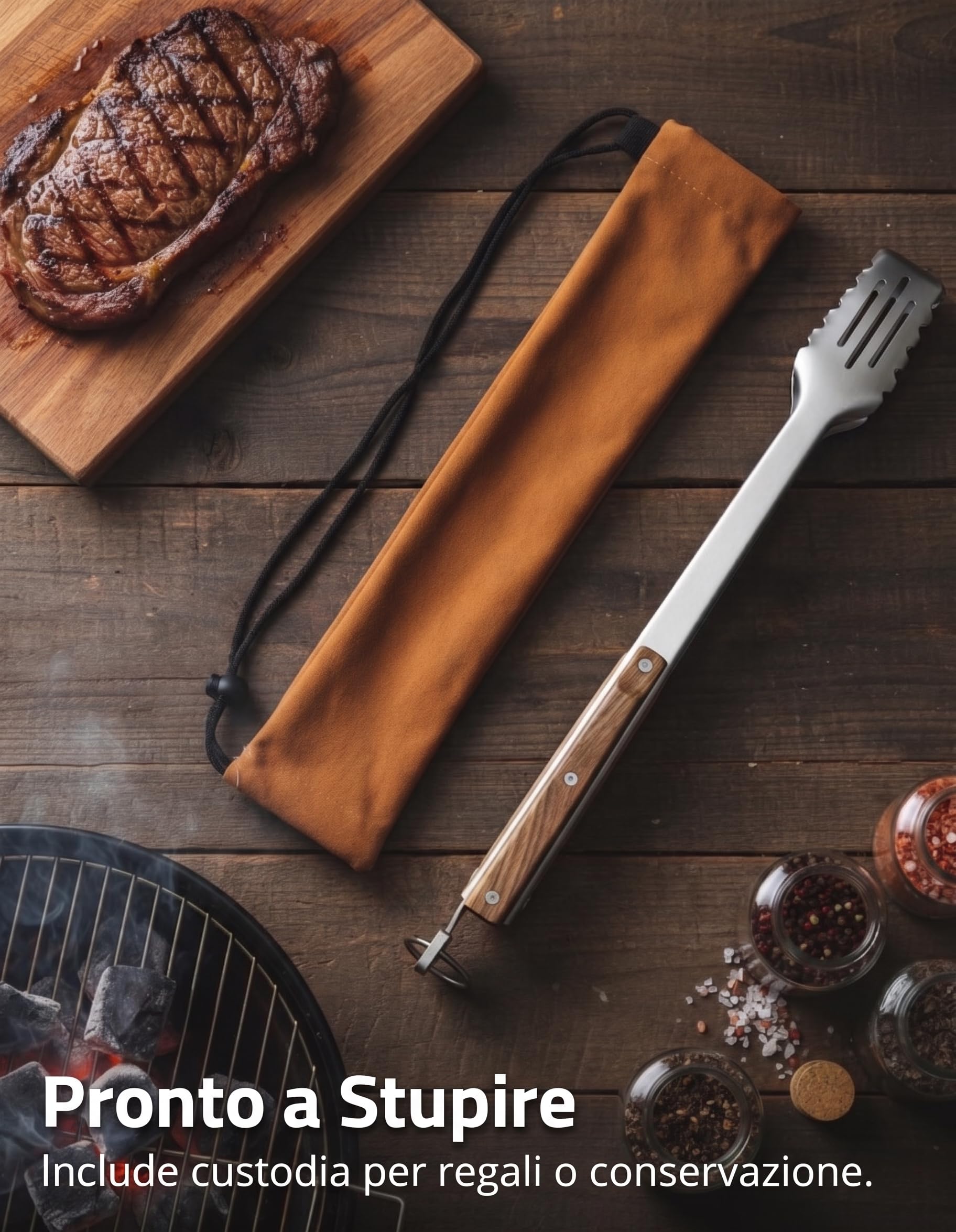 Pinza Barbecue 43 cm Acciaio Inossidabile 304 con Manico in Legno di Noce - Pinze BBQ Extra Lunghe con Punte Dentate e Fessure per Scolare, Anello di Blocco e Custodia Regalo by Stone & Clark