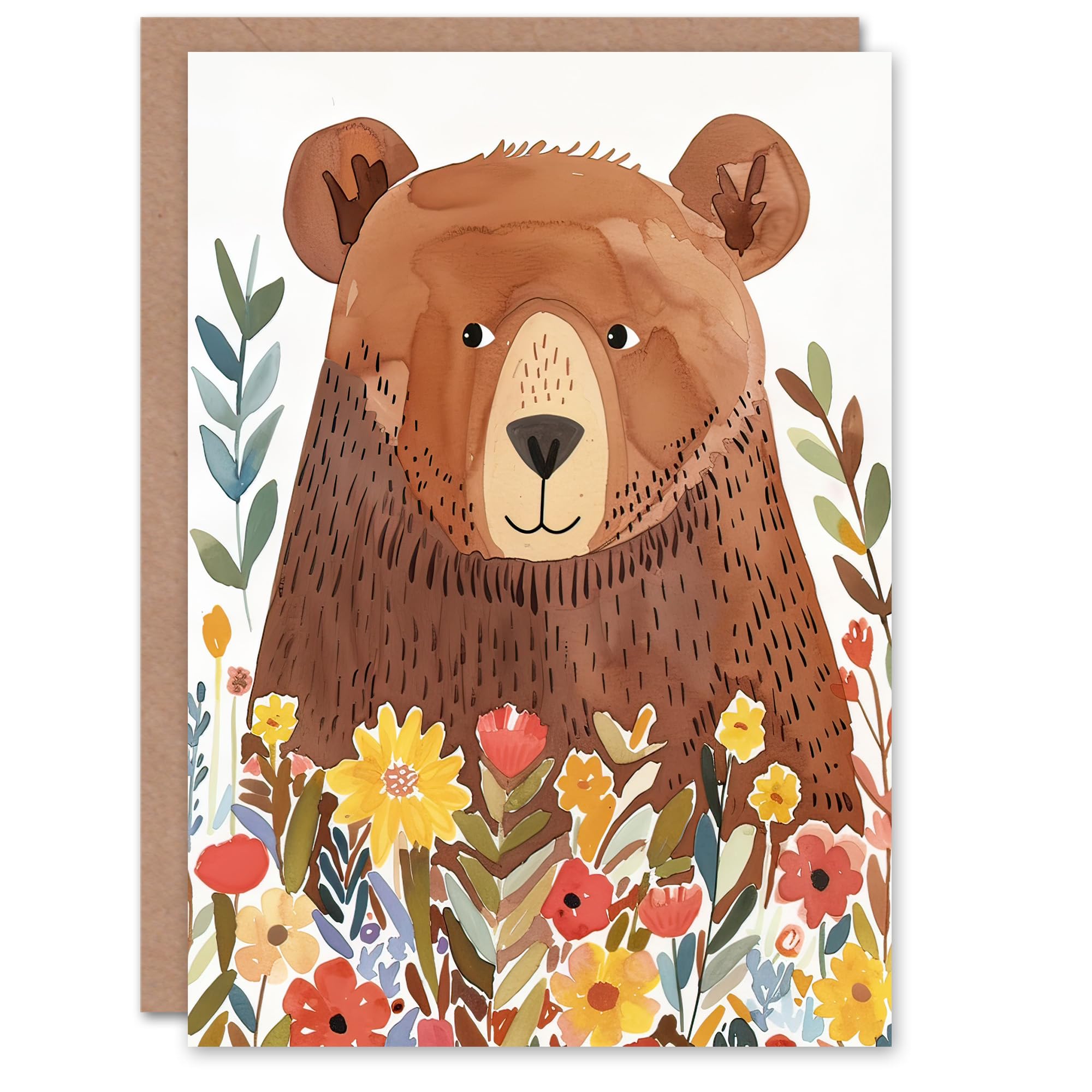 Artery8 Greeting Card Happy Brown Bear in Wildflower Patch Watercolour For Child Kids Birthday Card