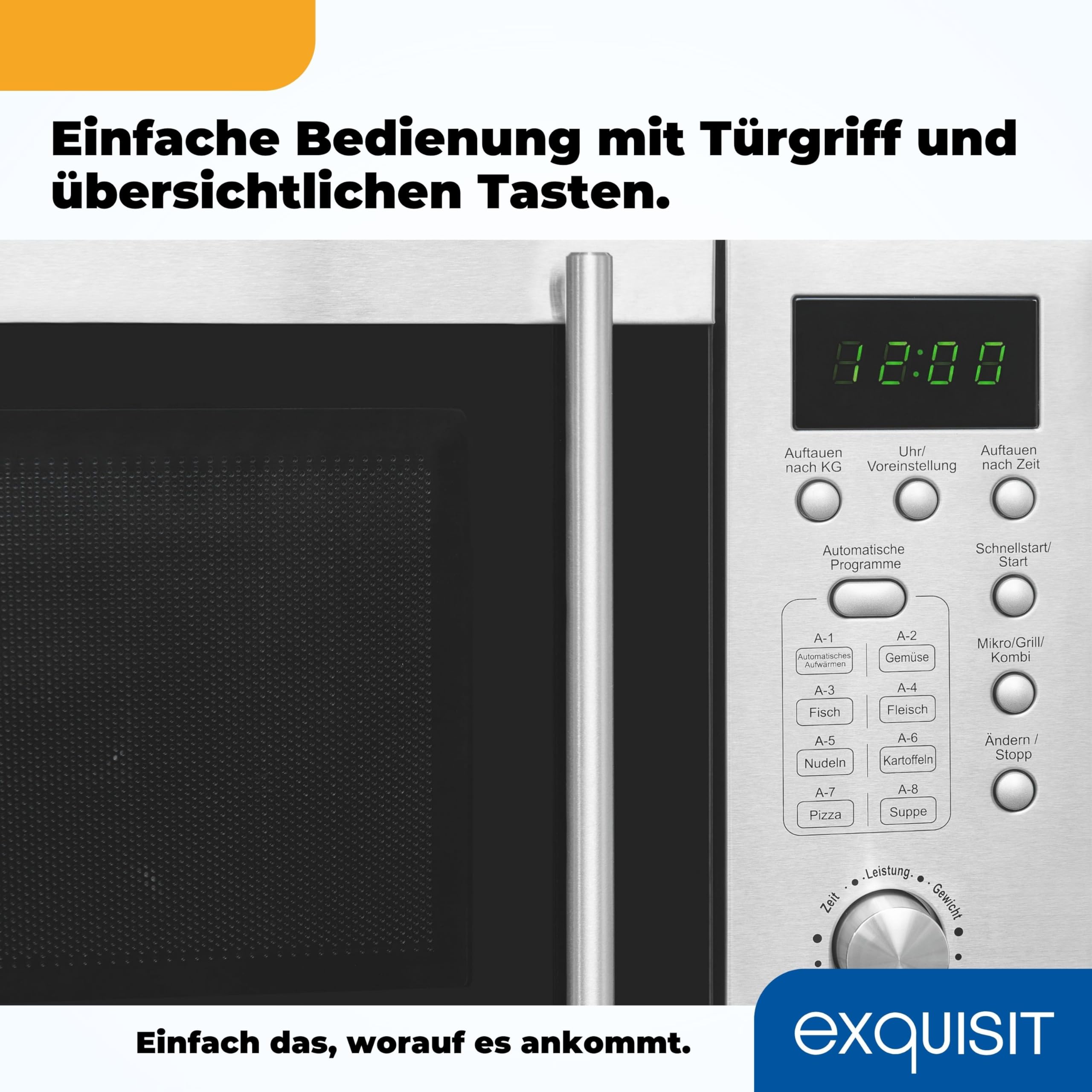 Exquisit Unterbau-Mikrowelle mit Grill - 800 W, 20 L, Inox | Mikrowelle unterbaufähig mit 1000-W-Grill, Kindersicherung, Schnellstart & Drehteller 245 mm